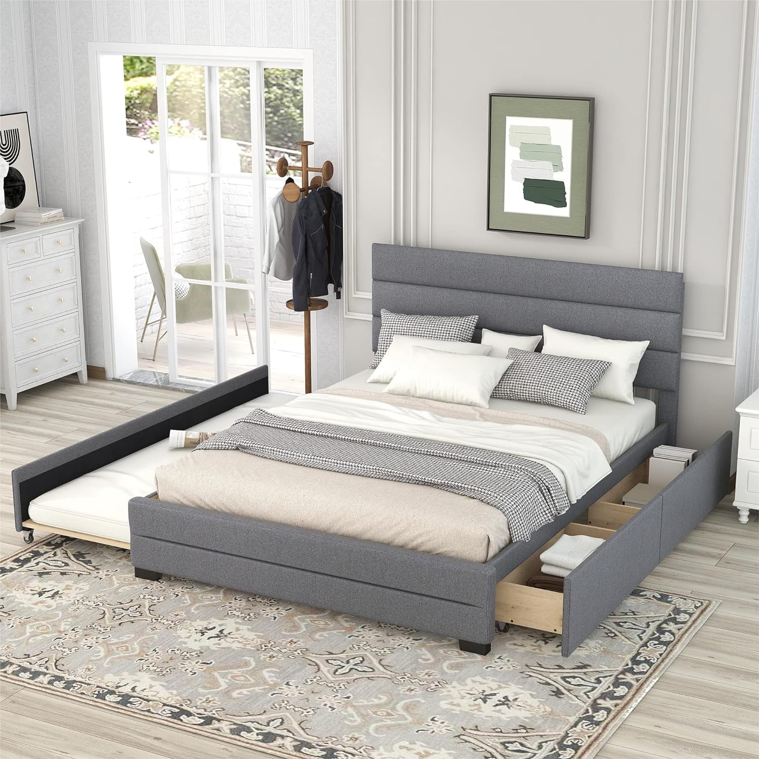 Queen Upholstered Beds With 2 Storage Drawers And Trundle Bed Modern Size Frame Gray Linen Fabric Platform Headboard For Adults Bedroom, No Box Spring Needed