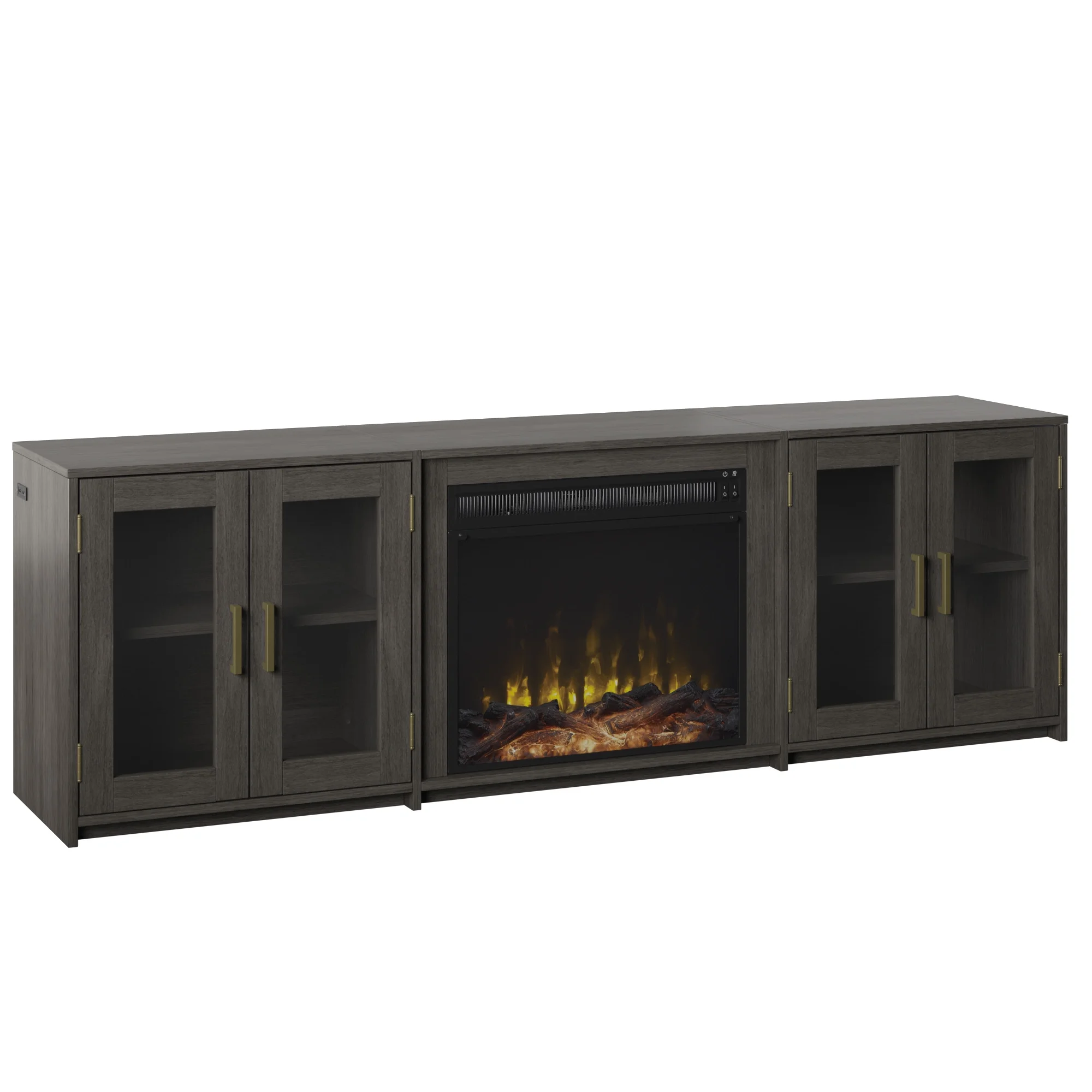 Twin Star Home TV Stand for TVs up to 80 in. with Electric Fireplace and Glass Cabinet Doors