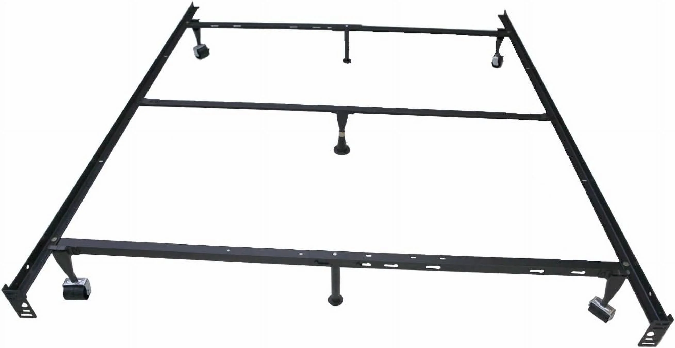 Super Duty Adjustable Metal Bed Frame (Queen/Full/XL//XL) With Center Support Bar & Rug s&Locking Wheels