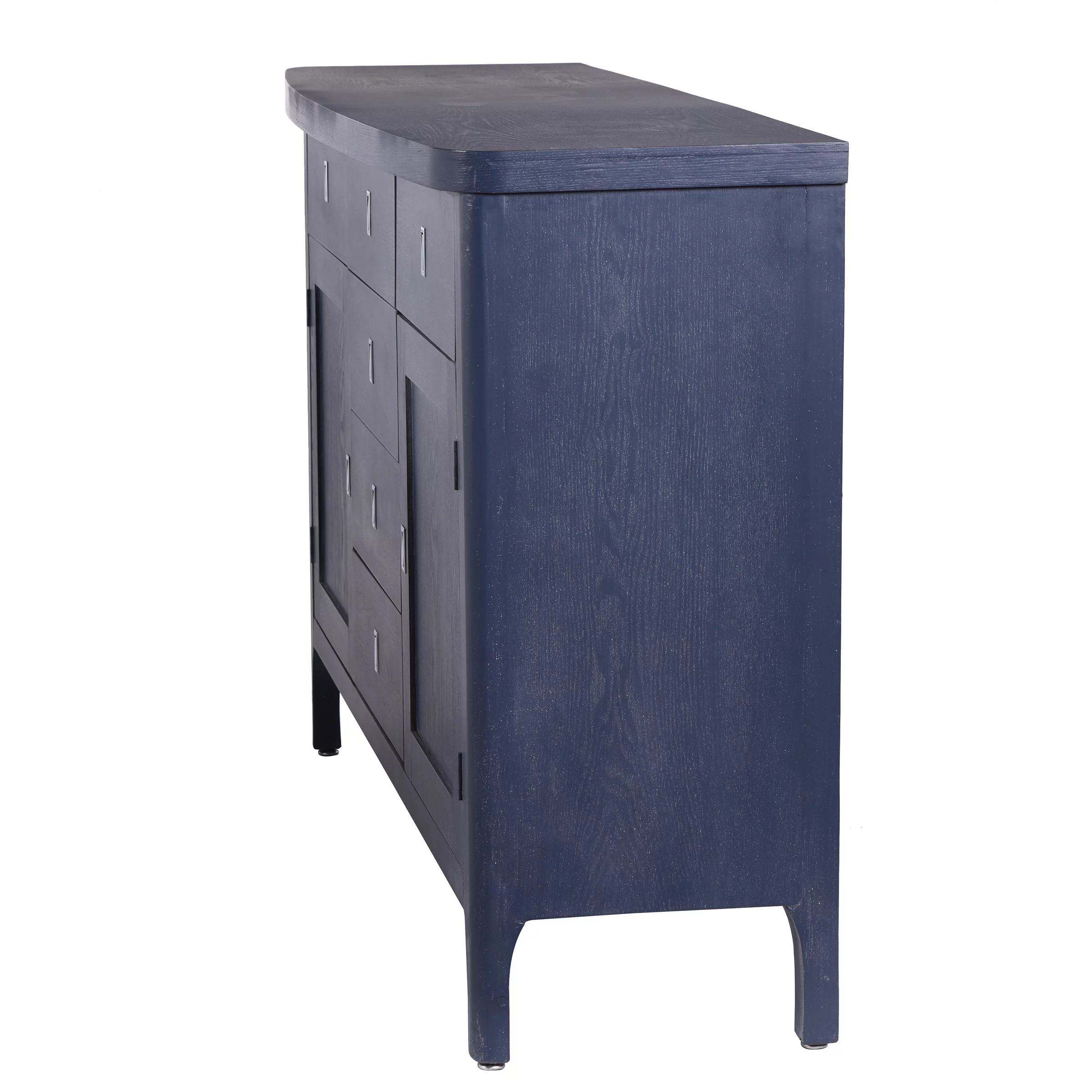 Two Door Six Drawer Credenza in Ash Veneer & Solids in Indigo Blue Ash Wood Finish. 2 Stage Metal Ball Bearing Drawer Glides. 60mm Wrap Around Barrel Type Door Hinges with Chrome Drawer Pulls.
