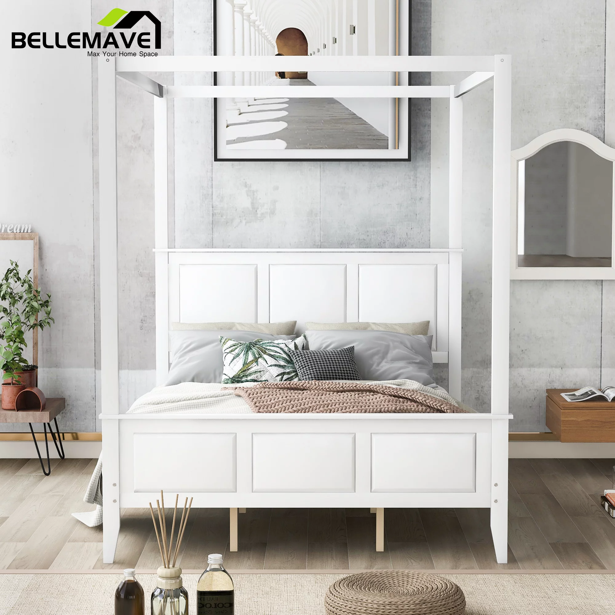 Bellemave White Wood Frame Queen Size Wood Canopy Bed Platform Bed with Four Posters, Headboard and Footboard for Adult, Wood Frame Platfrom Bed Queen Size