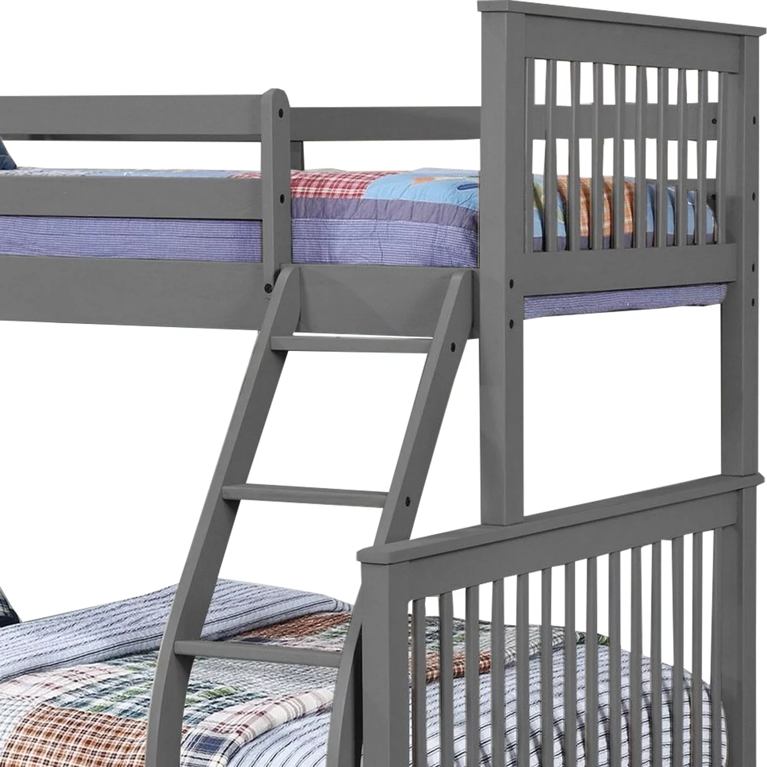 Benjara Wooden Twin Over Full Bunk Bed with Slatted Headboard and Footboard, Gray