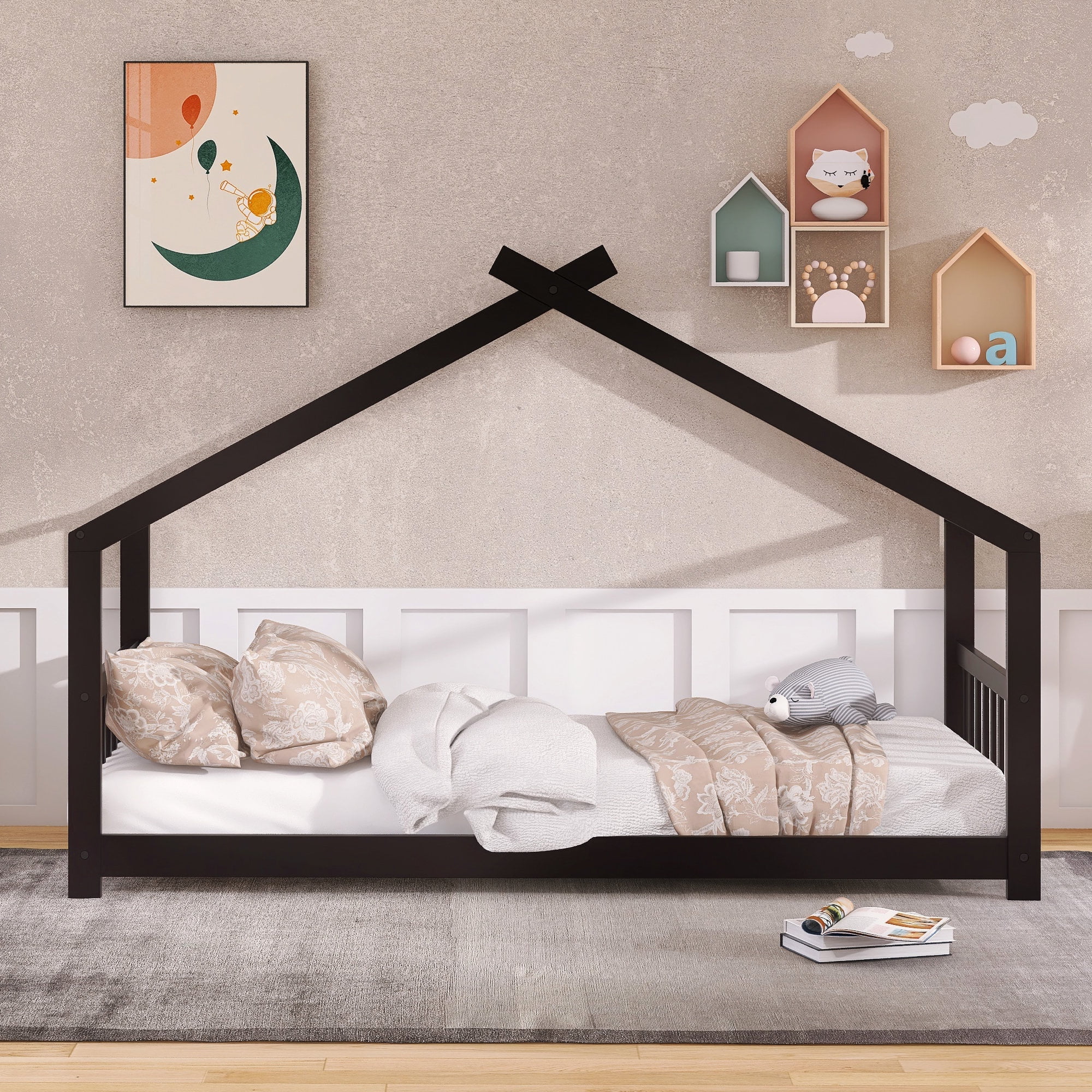 Nestfair Espresso Twin Size House Bed Wood Bed for Kids