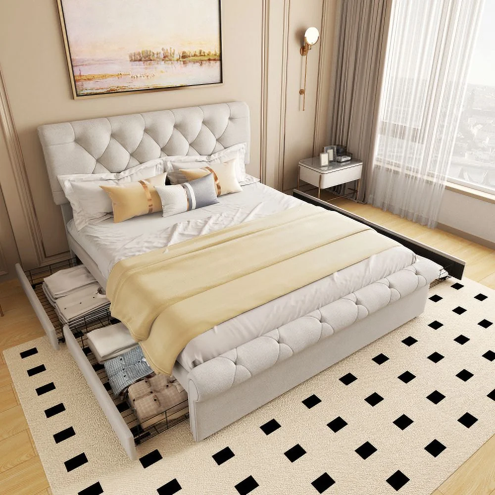 Queen Size Upholstered Platform Bed With Four Drawers, Antique Curved Headboard, Linen Fabric, Beige (Without Mattress)