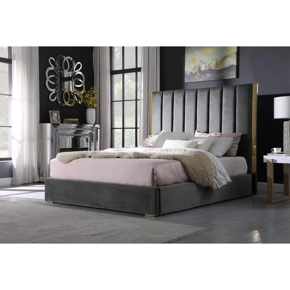 Jalen Dark Gray Velvet King Platform Bed with Gold Accents