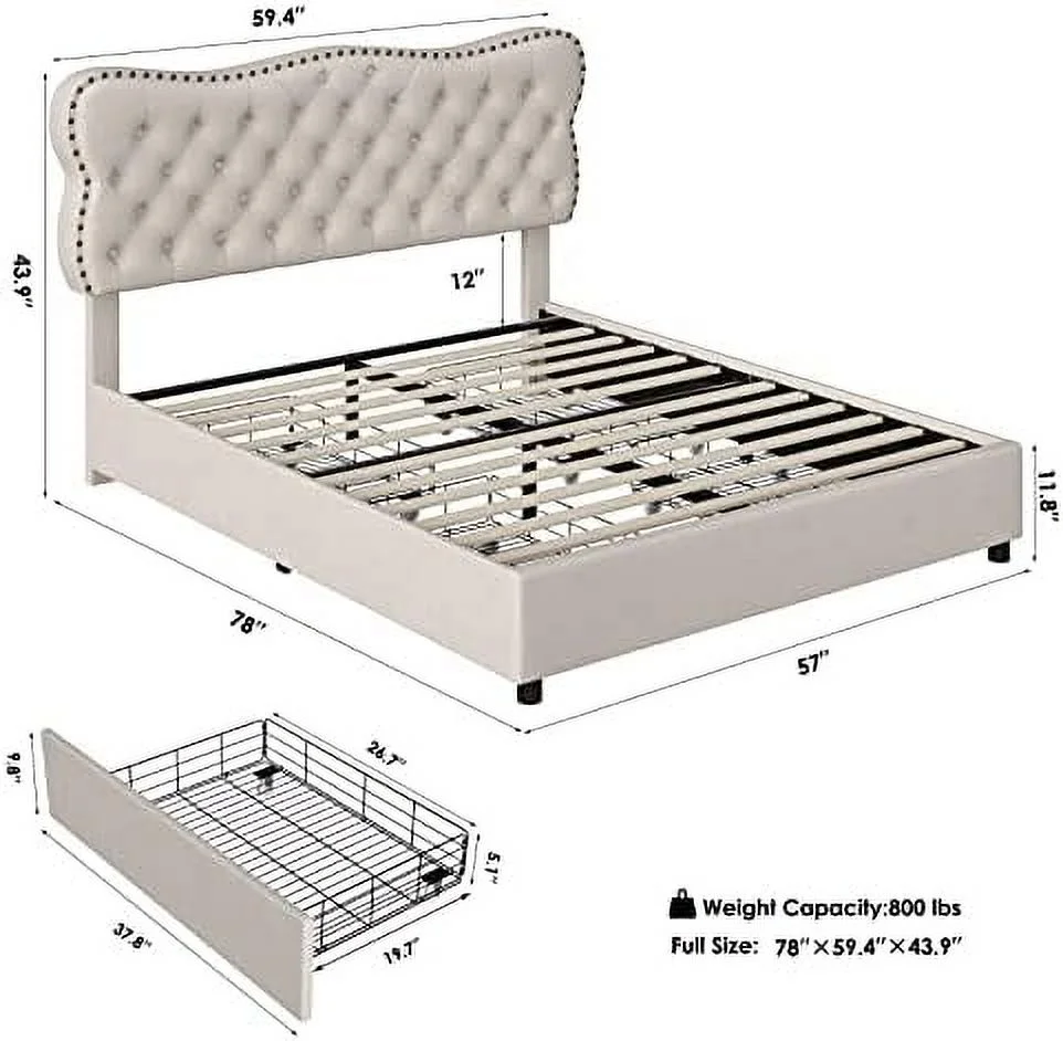 KHBIULIFE Bed Frame with 4  Drawers  Upholstered Platform Bed Frame with Button Tufted Headboard  Heavy Duty Mattress Foundation with Wooden Slats  No Box Spring Needed (White  Queen)