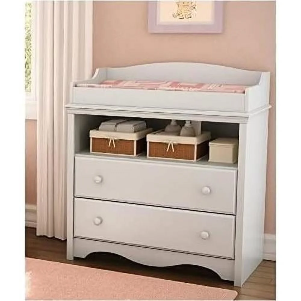 Small Changing Table For Baby Bedroom, 2 Drawers And Open Shelves, White