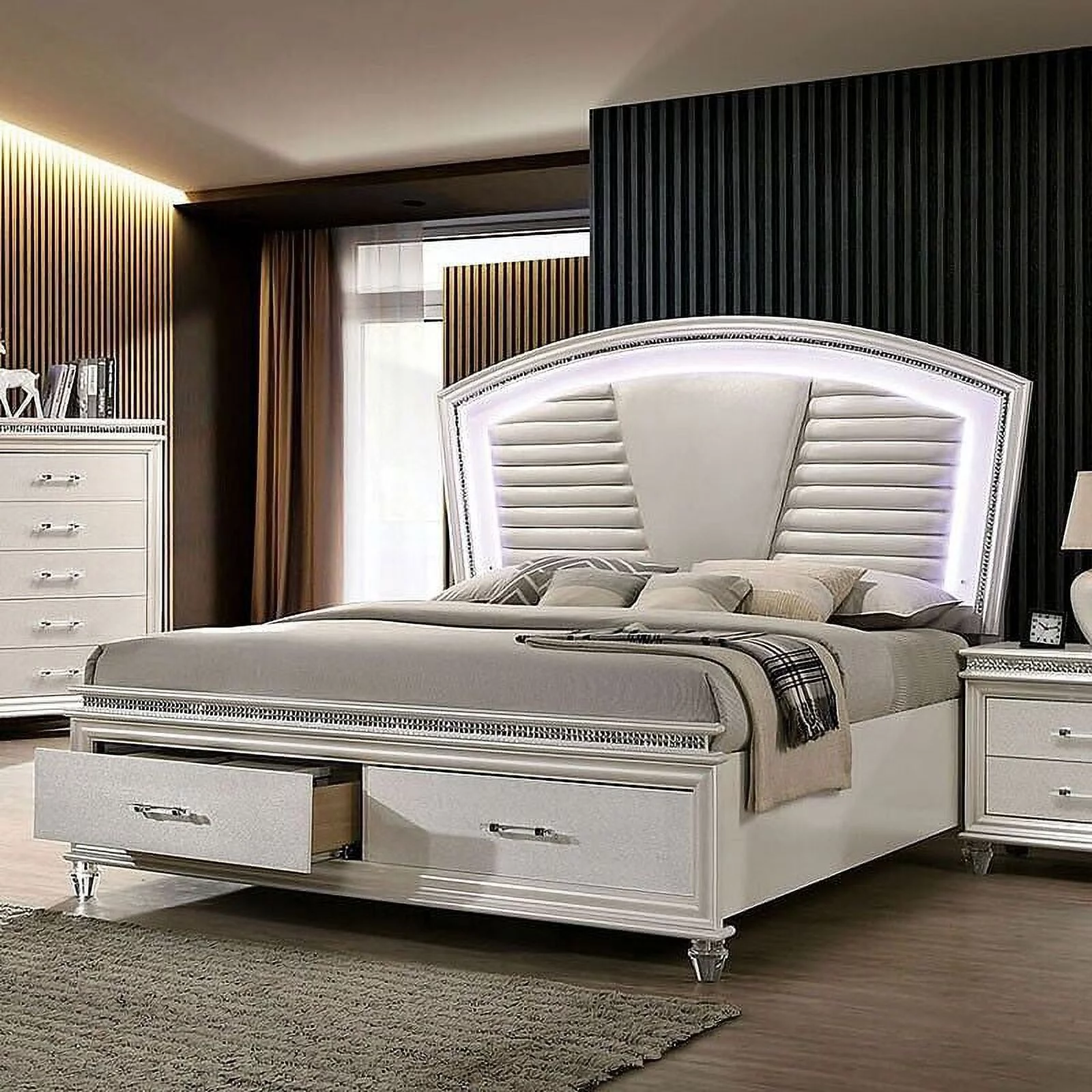 1pc Cal King Size Bed Pearl White Color Contemporary Bedroom Furniture Storage Footboard Padded Headboard w LED Acrylic Legs