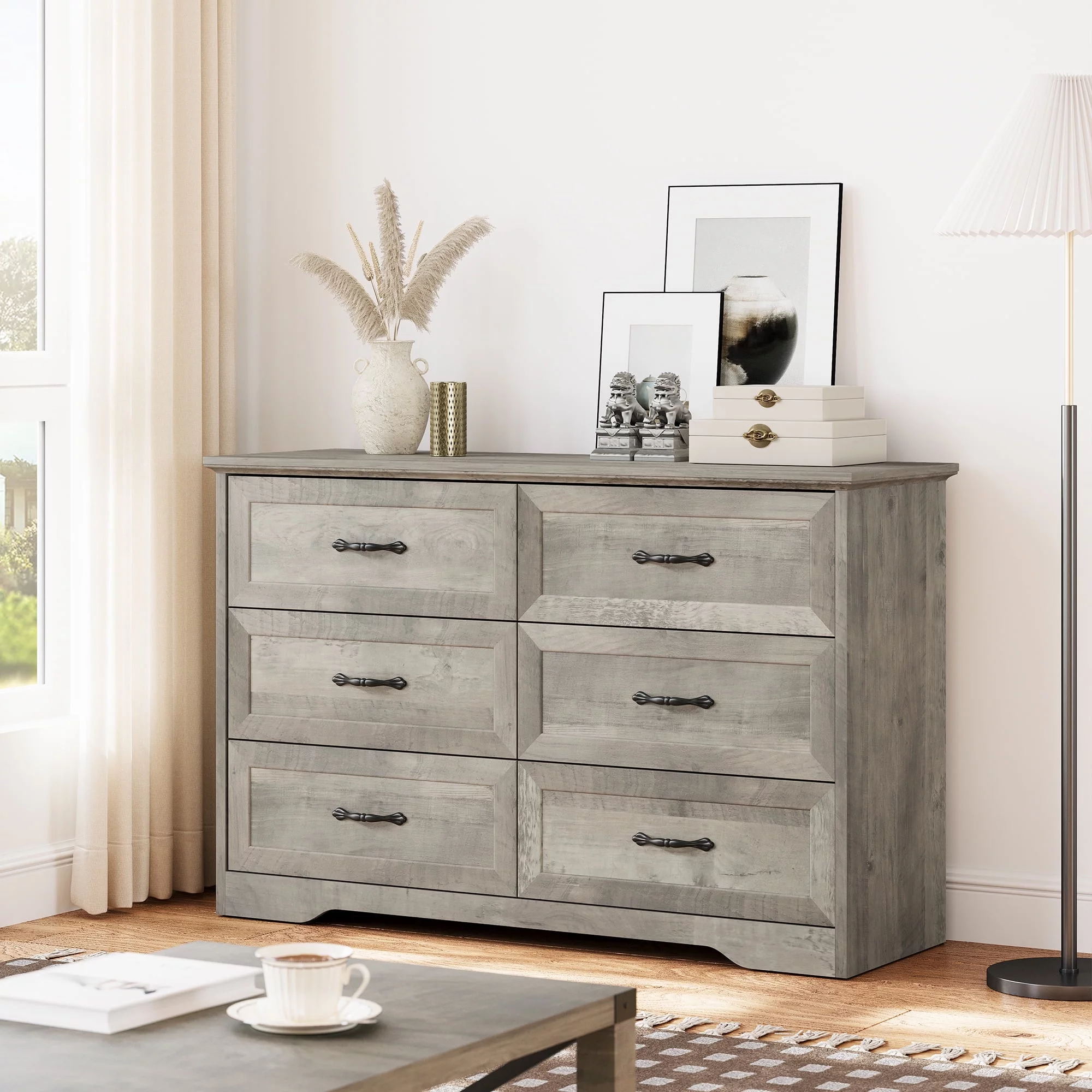 Homhougo Dresser for Bedroom with 6 Drawers, Wood Drawer Dresser Chest of Drawers for Closet, Living Room, Hallway, Nursery, Kids Bedroom, Grey