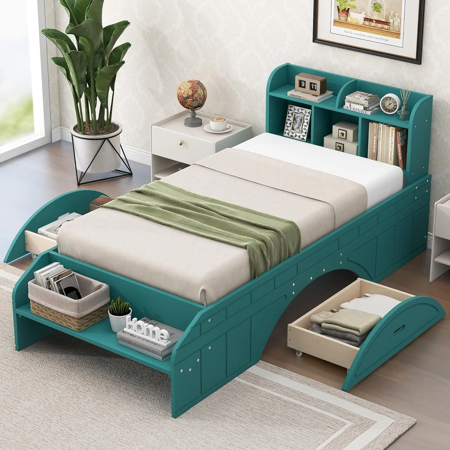 Wood Bed With Bookcase Headboard, Size Platform Bed Frame With 2 Drawers, Storage Headboard And Footboard, No Box Spring Needed, Green