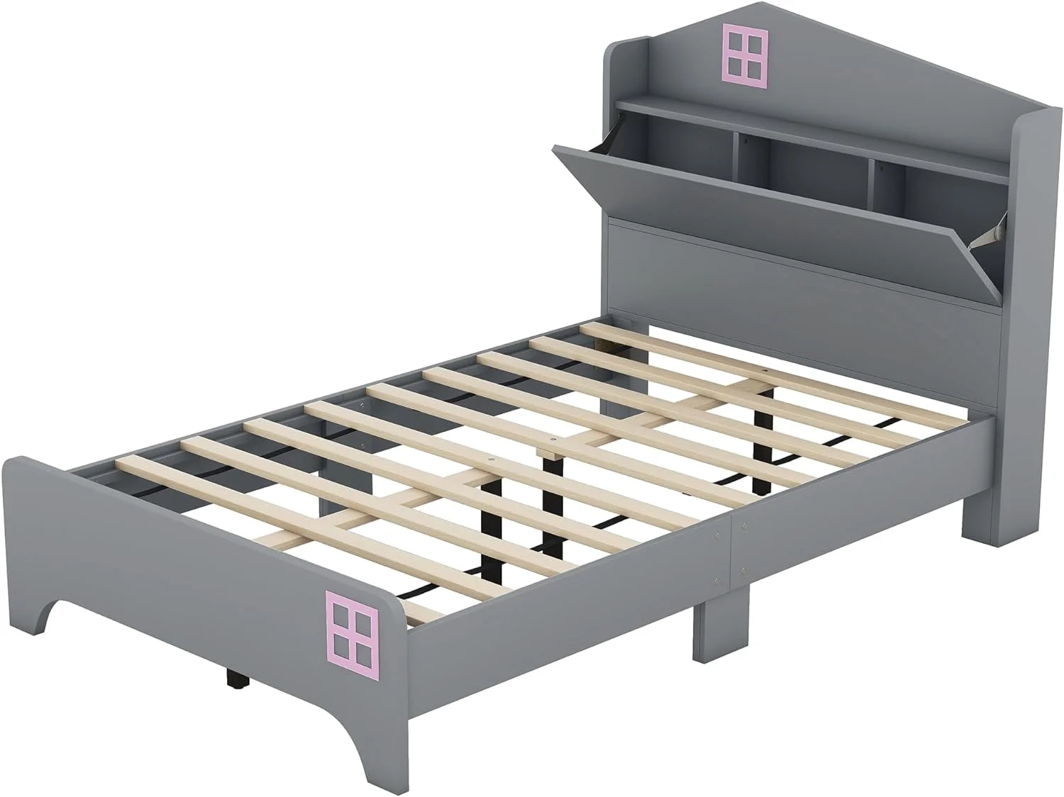 Wooden Twin Size House Bed with Storage Headboard,Kids Bed with Storage Shelf