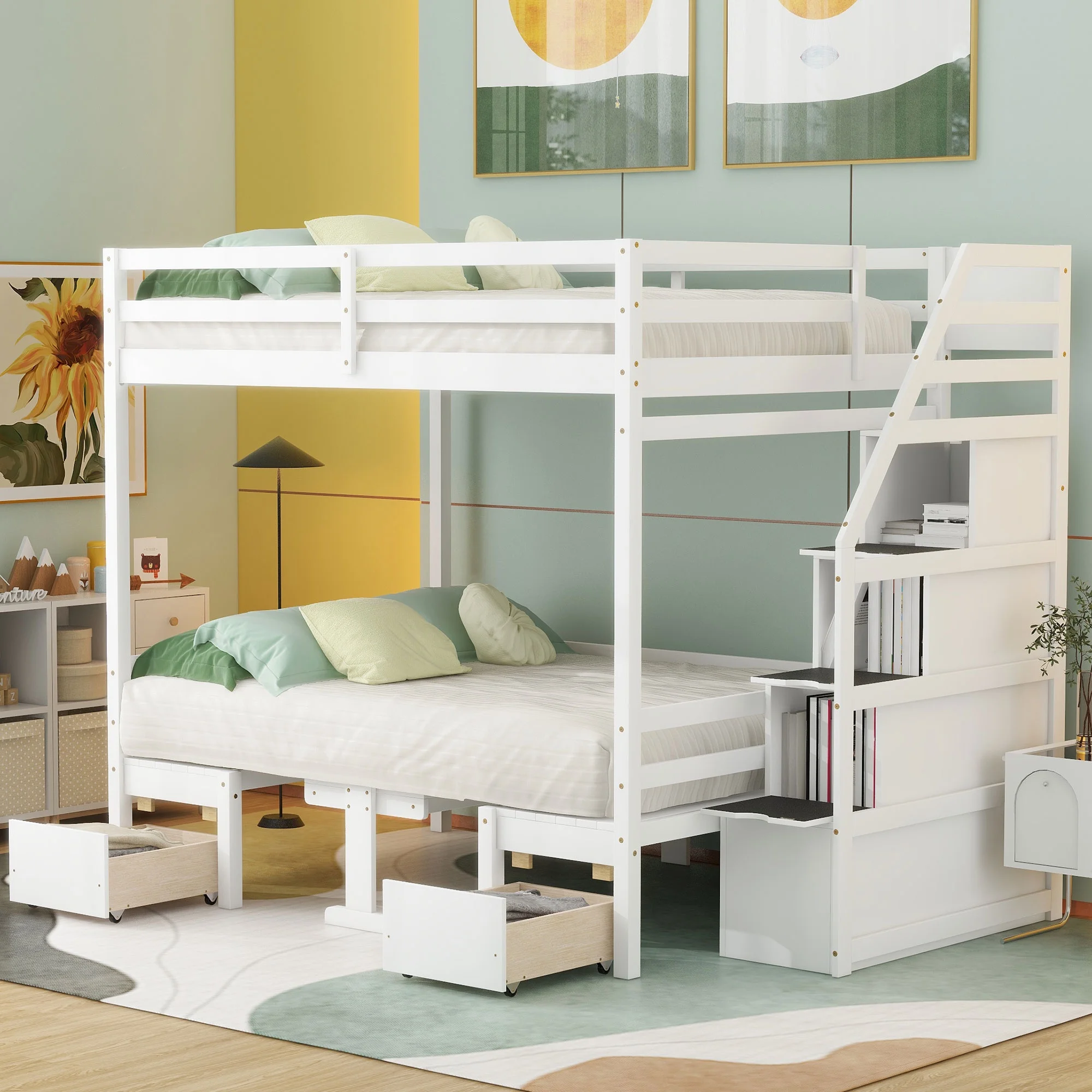 Bellemave Full Over Full Bunk Beds with Stairs, Loft Bed with Desk and Seat Can be Turned Into Bunk Bed, Wood Convertible Bunk Bed with 2 Storage Drawers for Kids Teen (White)