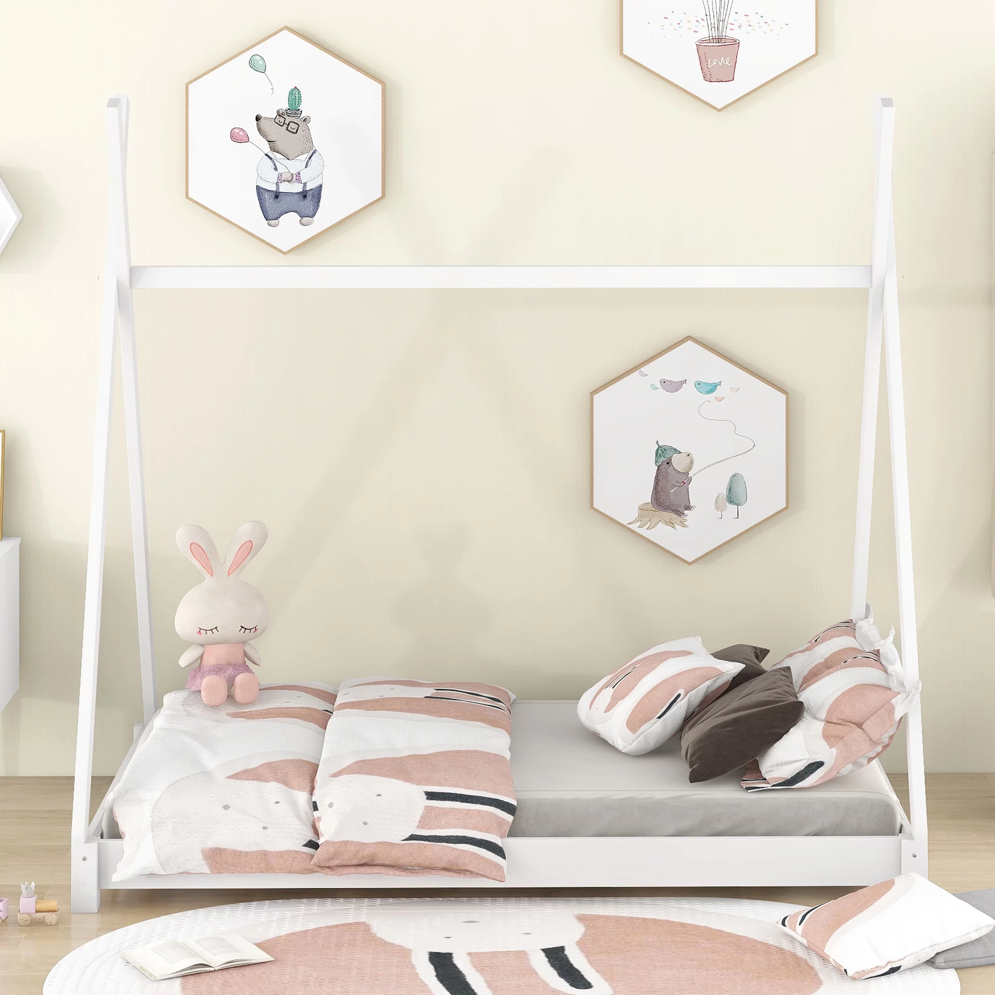 EUROCO Wood Twin Size Platform Bed for Kids, Canopy Tent Bed for Living Room, White