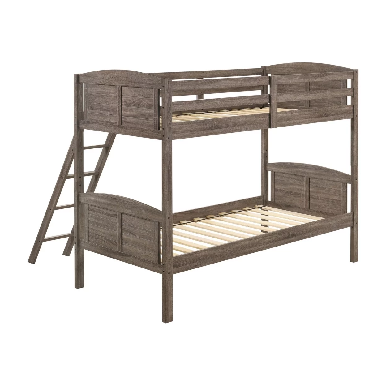 Twin Over Twin Bunk Beds Curved Headboards Ladder Straight Legs Brown- Saltoro Sherpi