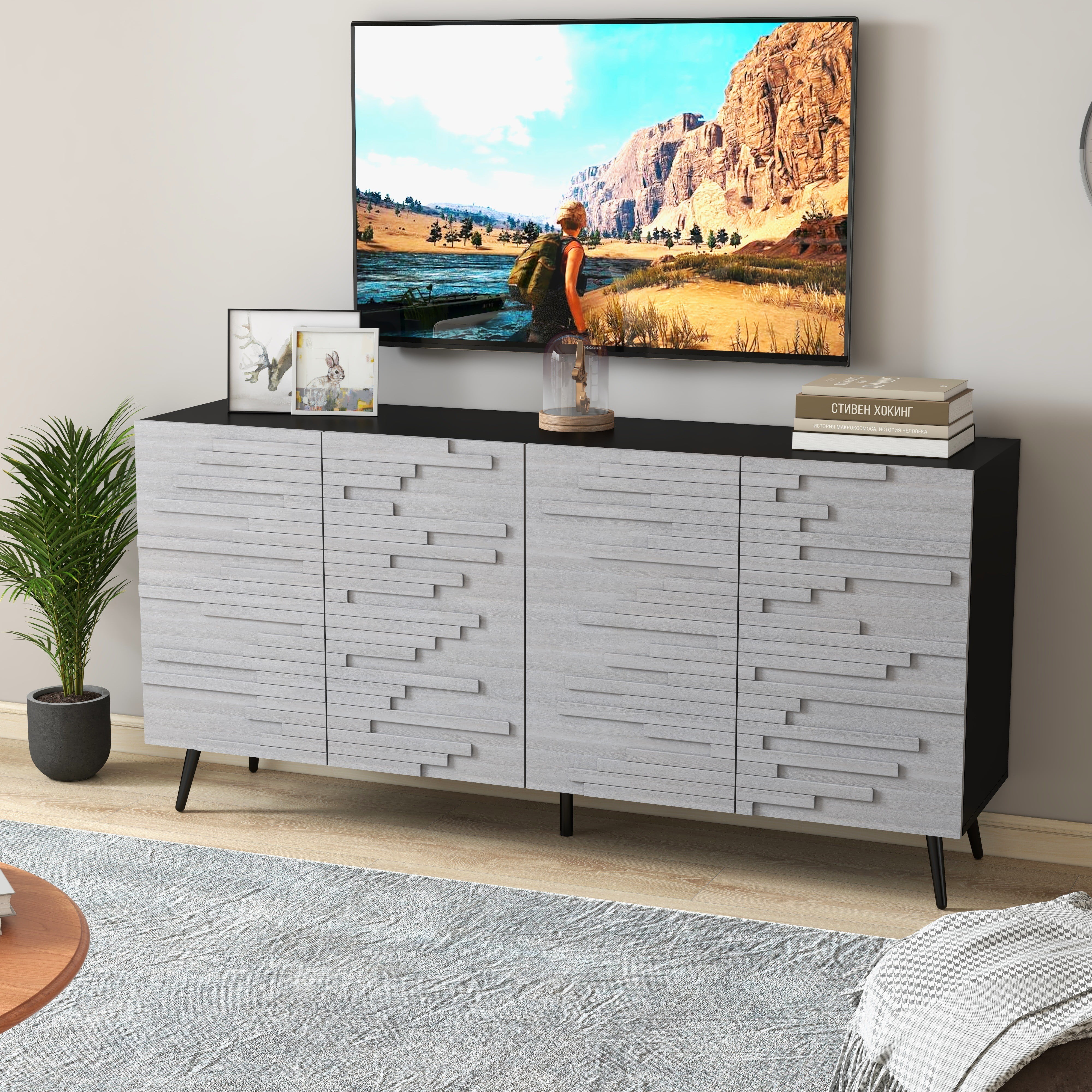 Twin Fins Modern Rustic 63-Inch Black TV Stand Cabinet - Fits Up to 65