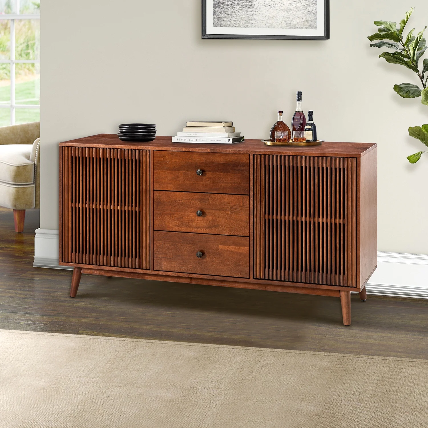58'' Wide 3 Drawer Sideboard Wooden TV Stand 2 Slatted Doors Credenza Storage Cabinet Buffet Home Living Room Bedroom Kitchen, Walnut