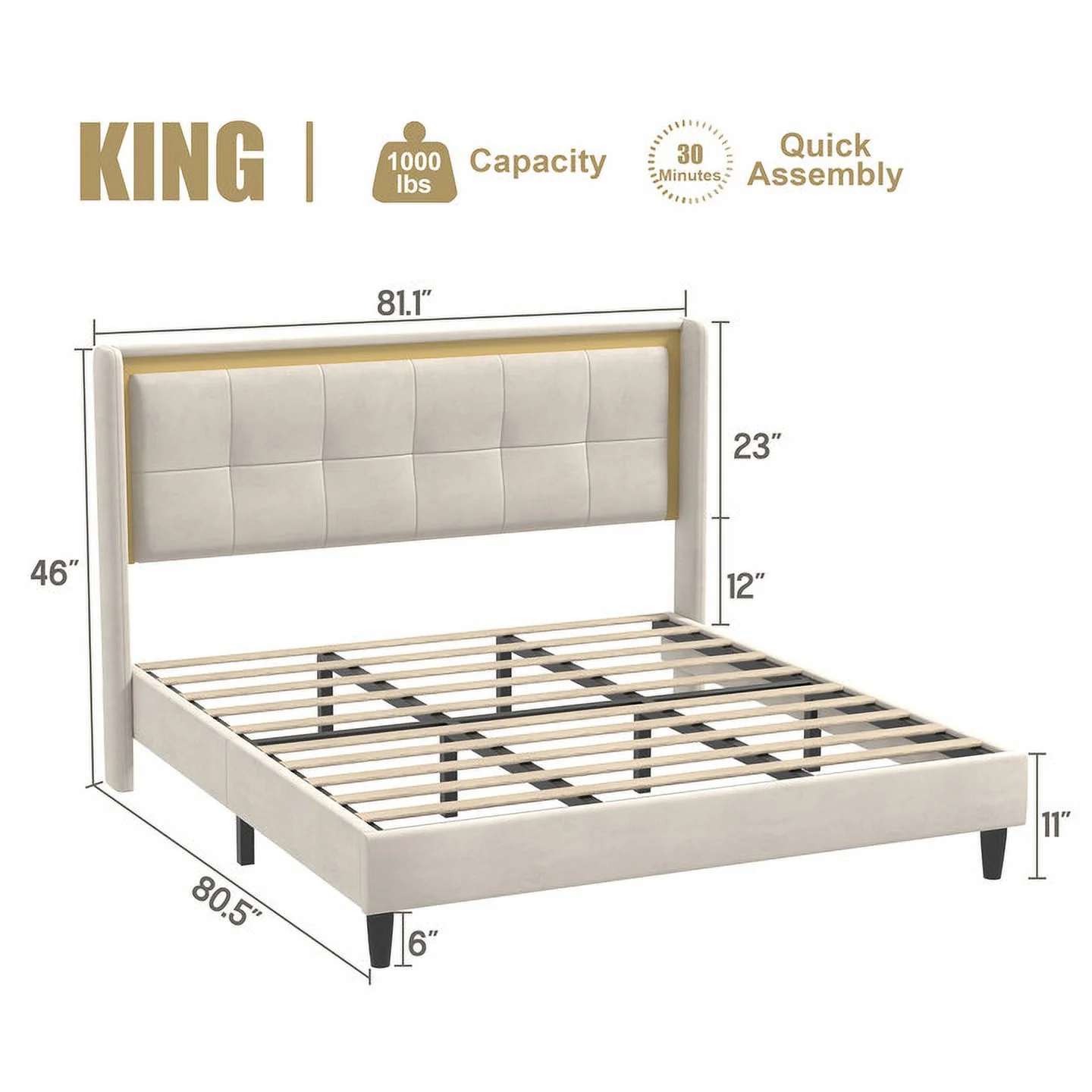 CoSoTower King Size Bed Frame with Upholstered Headboard, Strong Frame, and Wooden Slats Support, Non-Slip, and Noise-Free, No Box Spring Needed, Easy Assembly, Beige