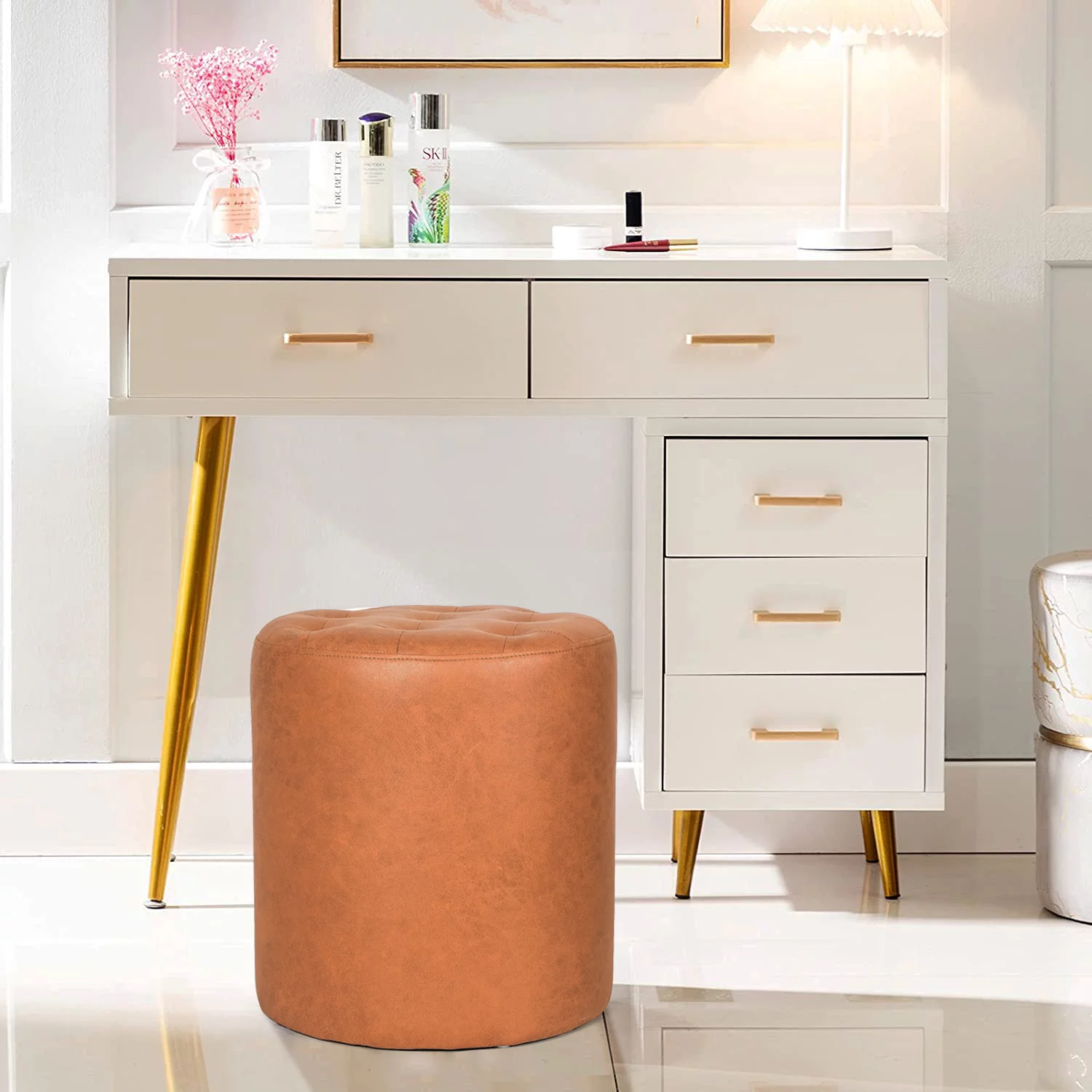 Joveco Padded Leather Ottoman,Vanity Chair Stool Modern Foot Stool Ottoman for Bedroom, Living Room (Orange)