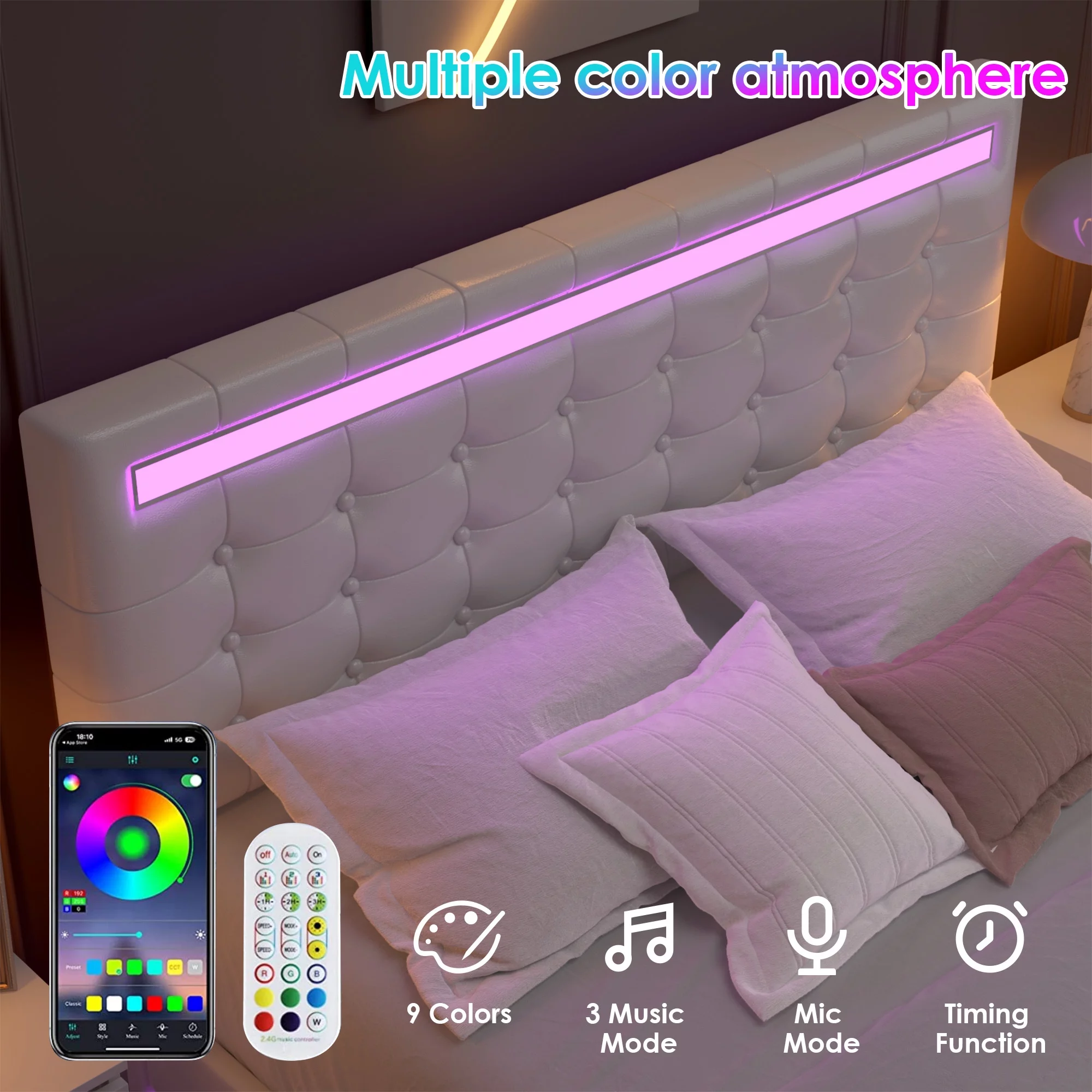 Homfa Full Floating Bed with Lights, LED Platform Bed Frame with Under Bed Storage, PU Leather Adjustable Tufted Upholstered Bed, White