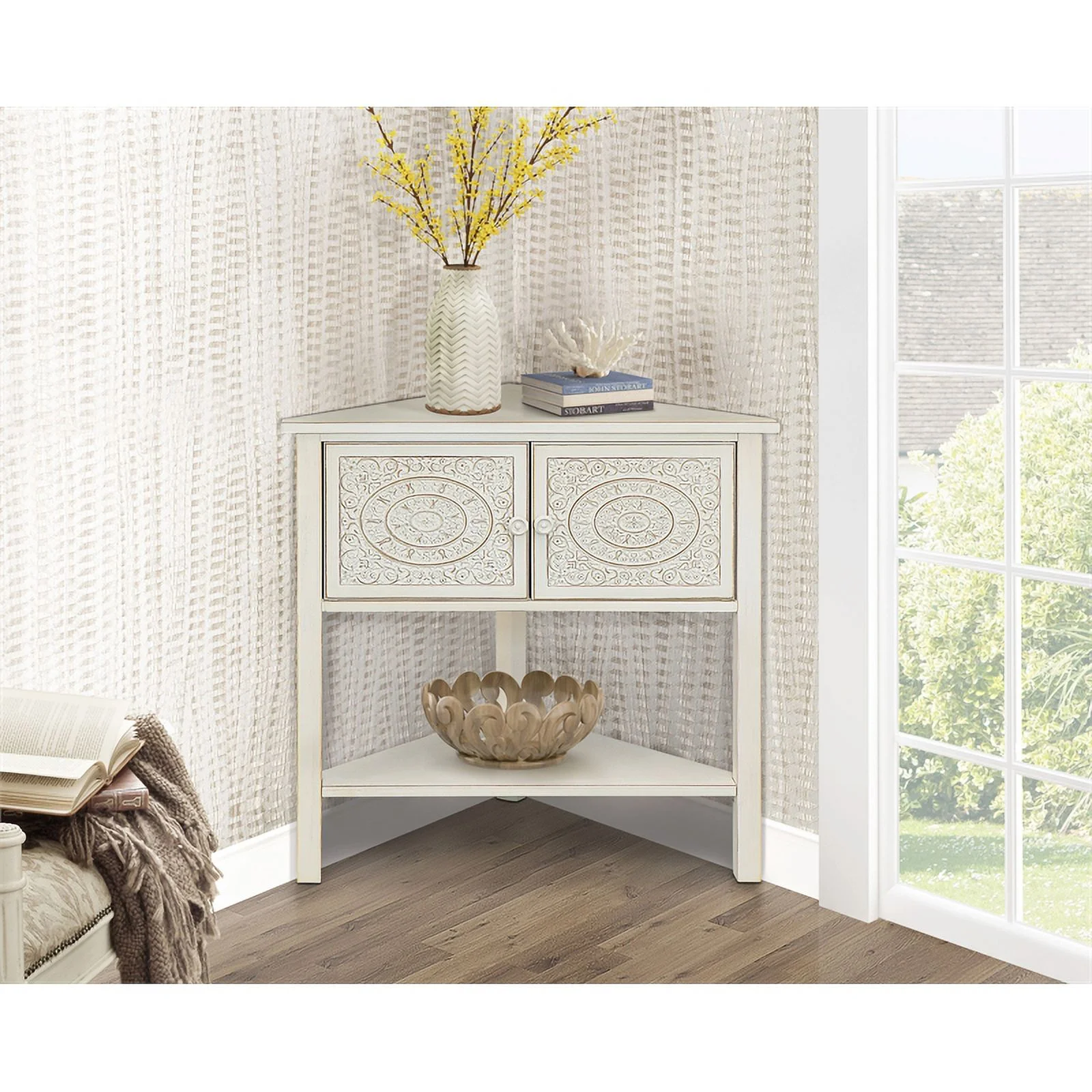 Gallerie Decor Antiqued Carved Transitional Wood Corner Table in White