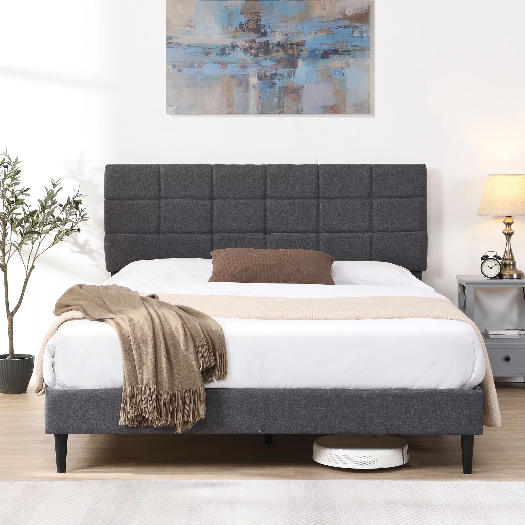 Momspeace Bed Frame Queen Size with Headboard and Strong Wooden Slats Upholstered Platform Bed, Gray
