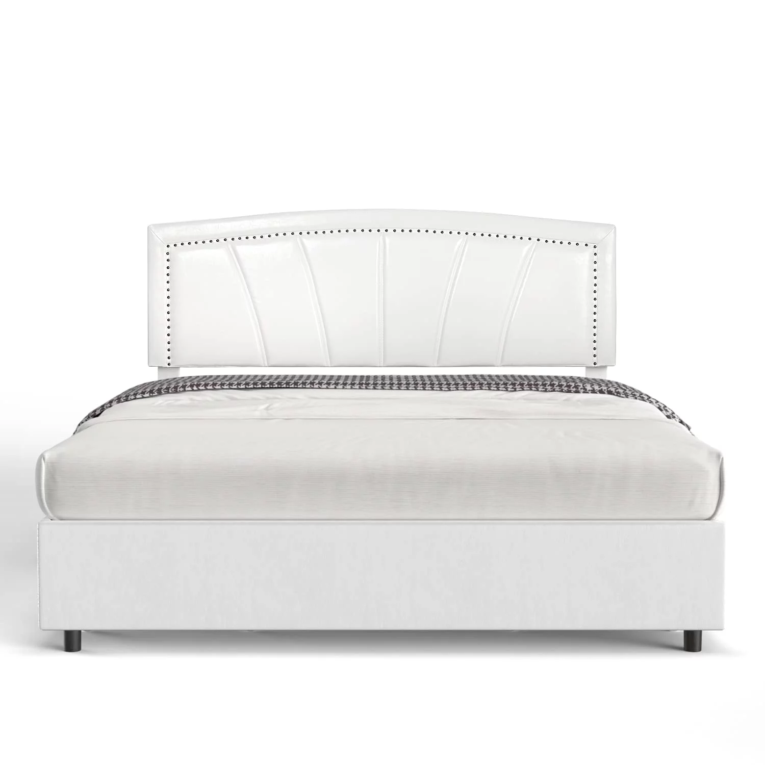 BONSOIR FULL Size Storage Bed Frame Upholstered Low Profile Traditional Platform with Tufted and Nail Headboard/No Box Spring Needed/4 Pull Out Drawers/White Faux Leather