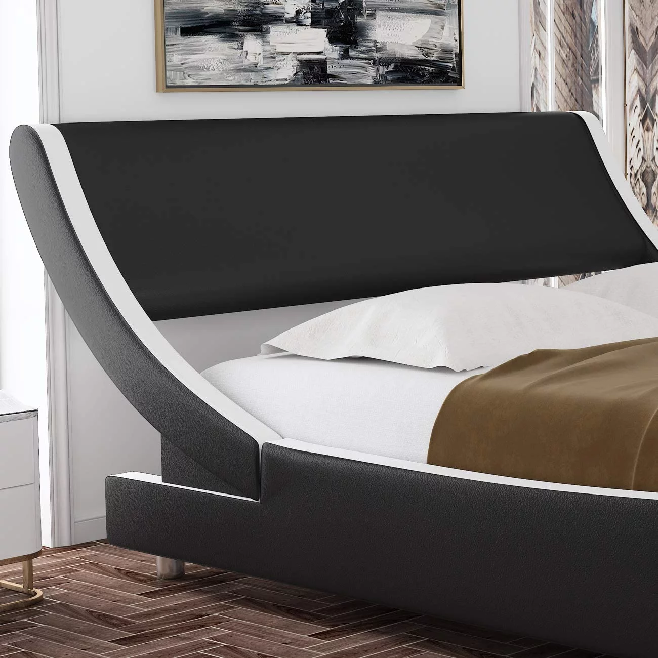 Amolife King Size Modern Platform Bed Frame with Adjustable Headboard, Faux Leather, Black with White Border