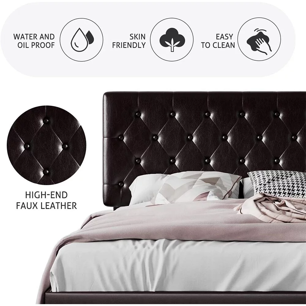 King Faux Leather Bed with Button Tufted Headboard, Black Brown