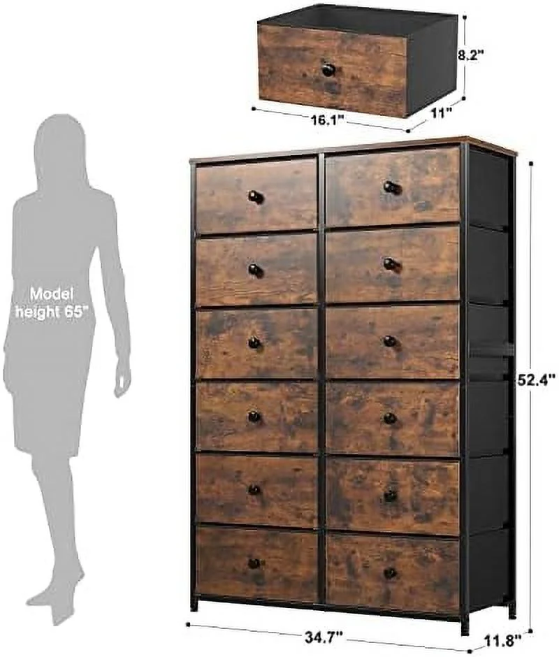 12 Drawer Dresser  Tall Dressers for Bedroom with Wooden Top and Metal Frame  Black Dresser & Chest of Drawers for Bedroom  Closet Living Room  Black Grey  11.9" D x 34.8" W x