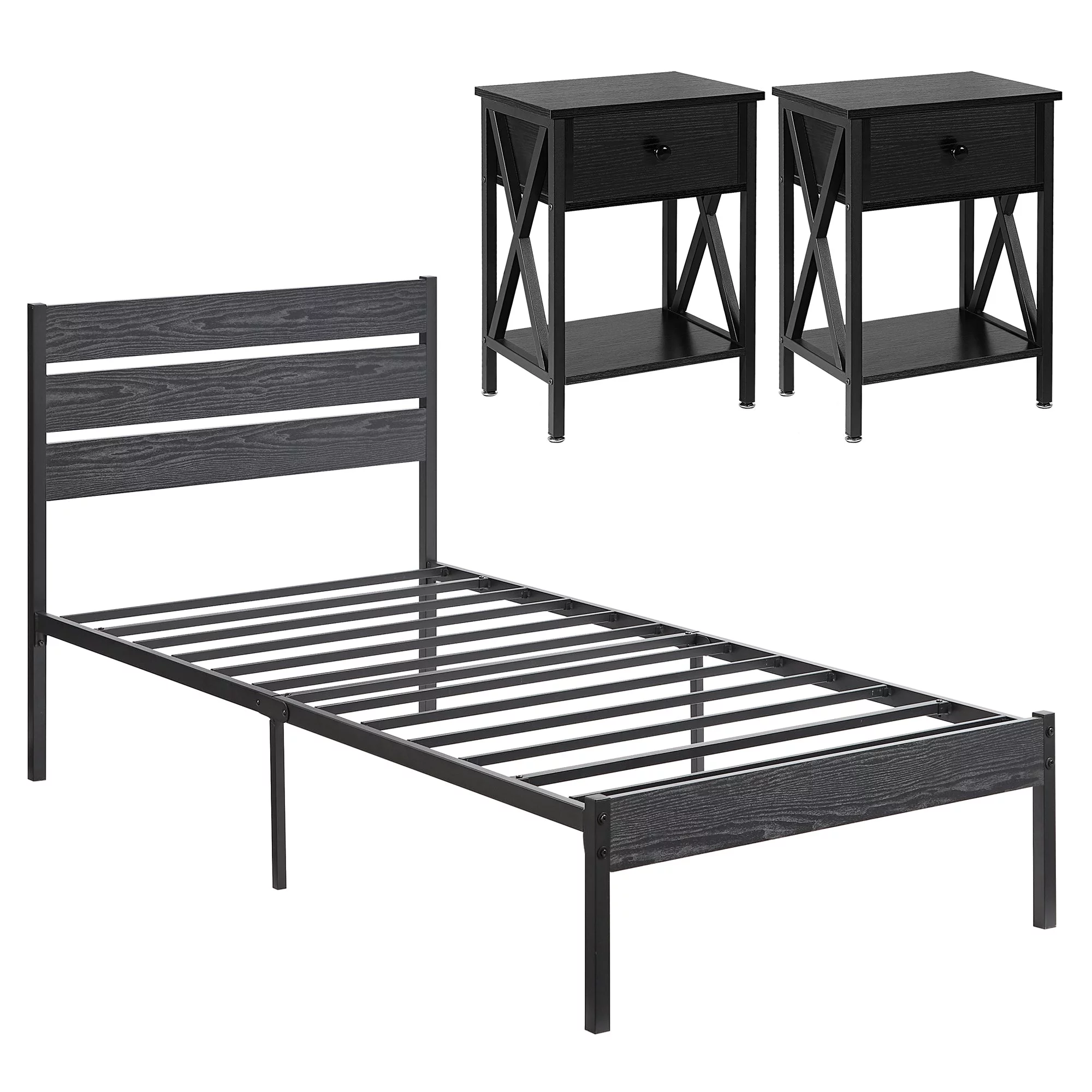 VECELO 3-piece Bedroom Set Include Full Bed Frame with 2 Nightstands, Black
