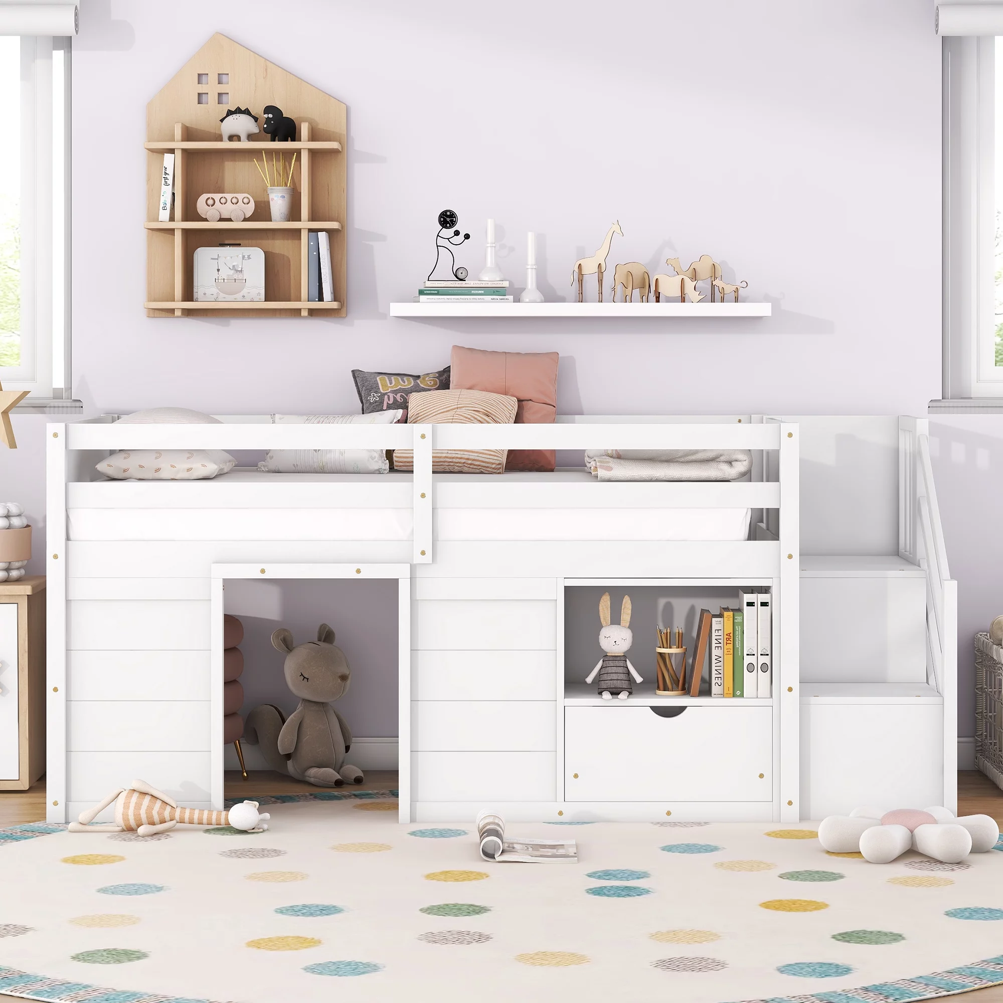 Bellemave Low Loft Bed with Storage, Wooden Twin Size Loft Bed Frame with Stairs, Kids Loft Bed with Shelf and Drawer for Girls Boys (White)
