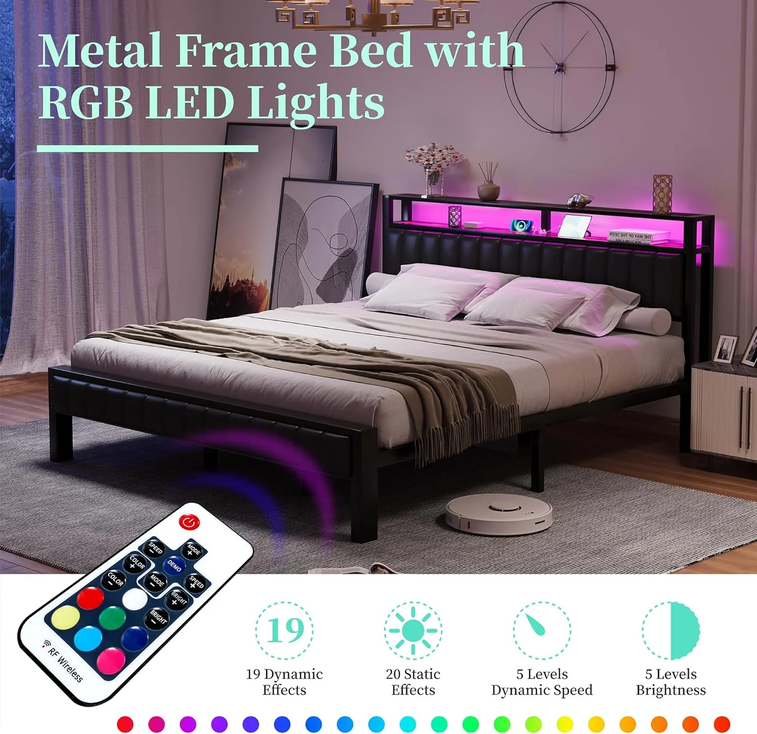 LUXOAK King Sturdy Bed Frame with 2 Storage Drawers & LED, Rustic Brown