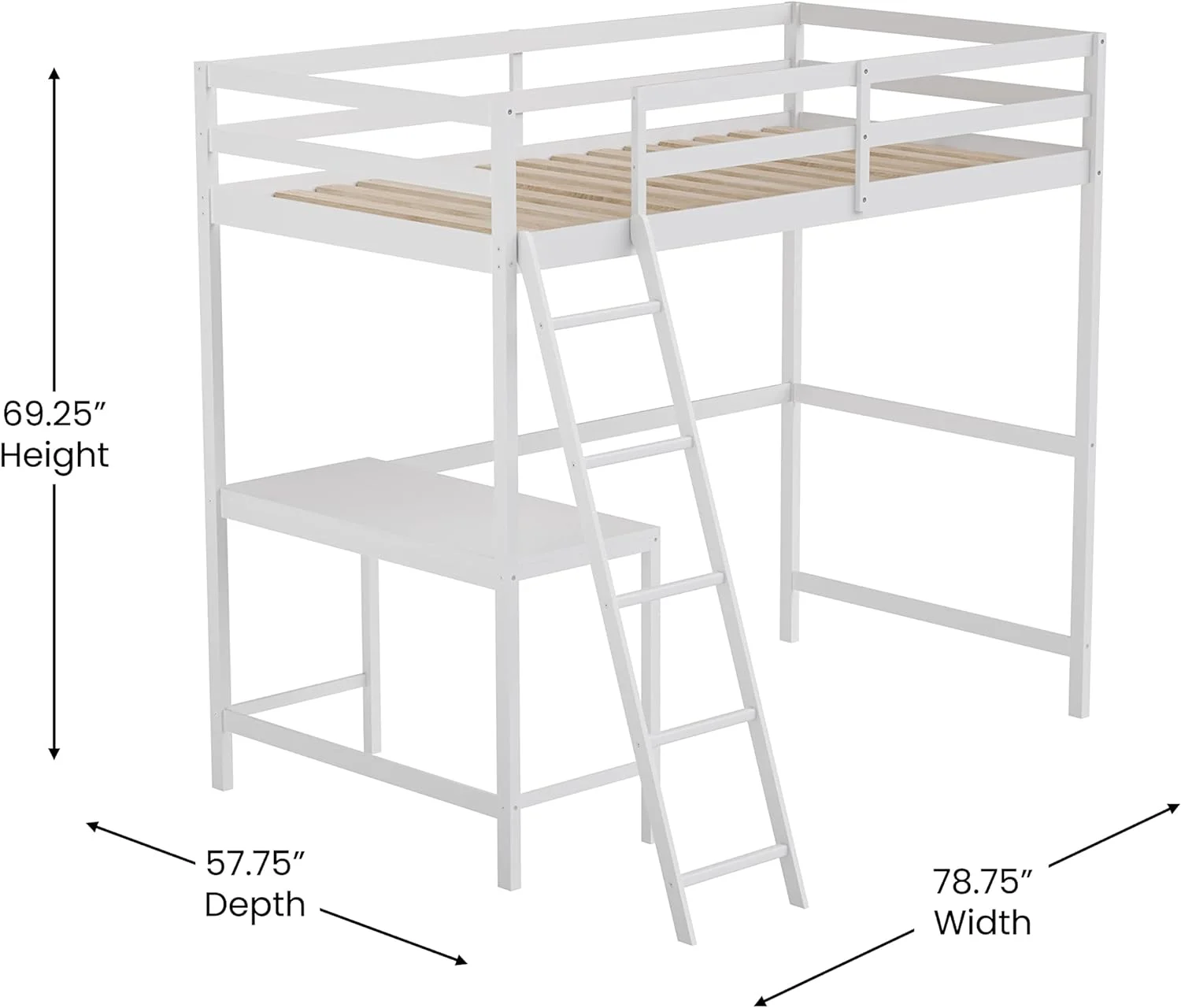 Ridley Wood Loft Bed Frame With Protective Guardrails And Integrated Desk And Ladder In White For Use With Any 6-8