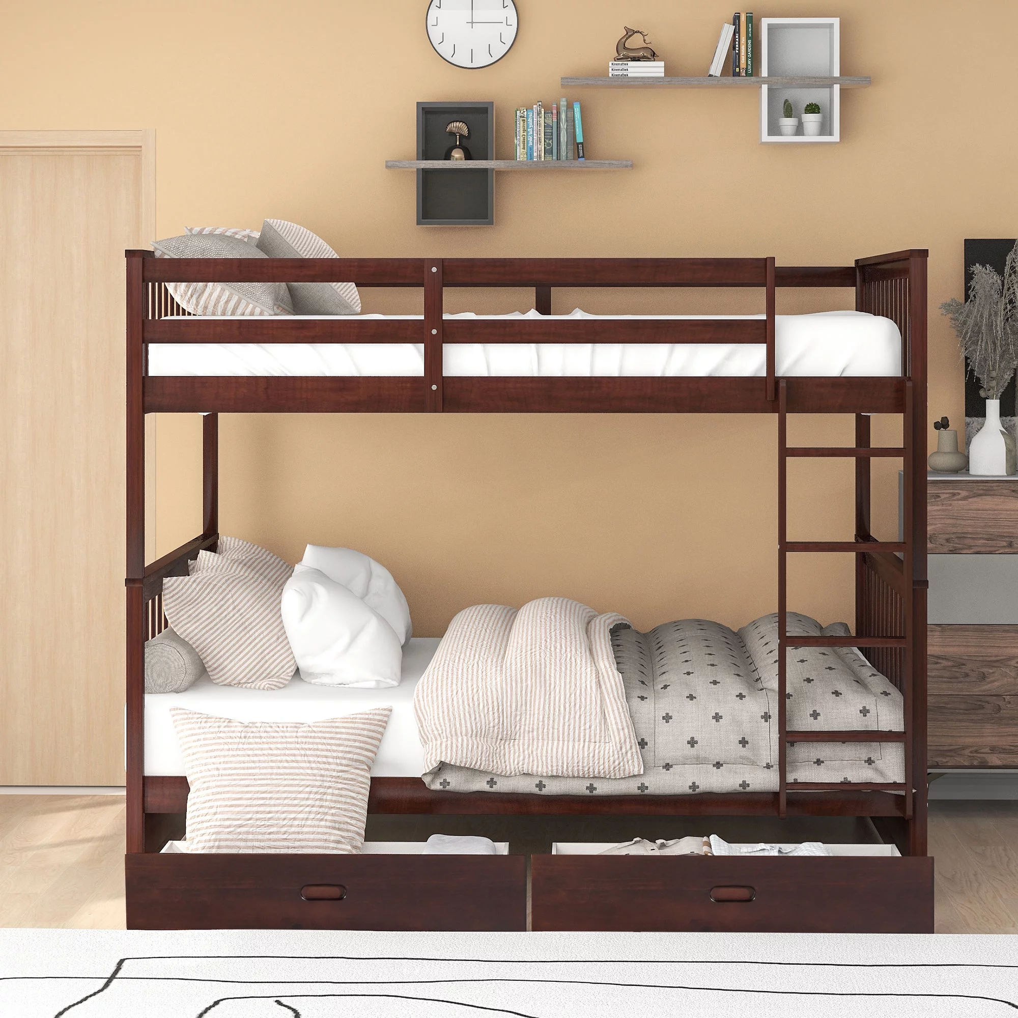 Momspeace Full over Full Bunk Bed with Ladder and 2 Drawers for Kids Adults Bedroom Furniture, Espresso