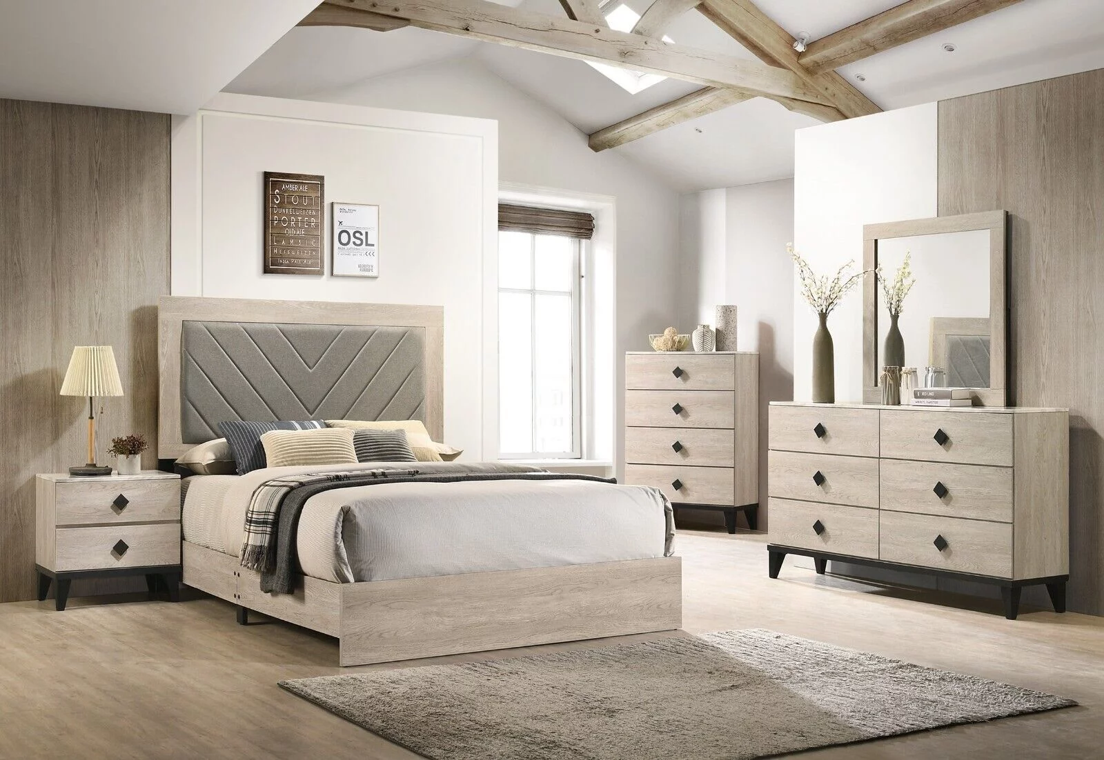 Classic Transitional Cream 6pc Bedroom Queen Size Bed Set Dresser Mirror 2x Nightstands Chest Wooden Furniture Upholstered HB
