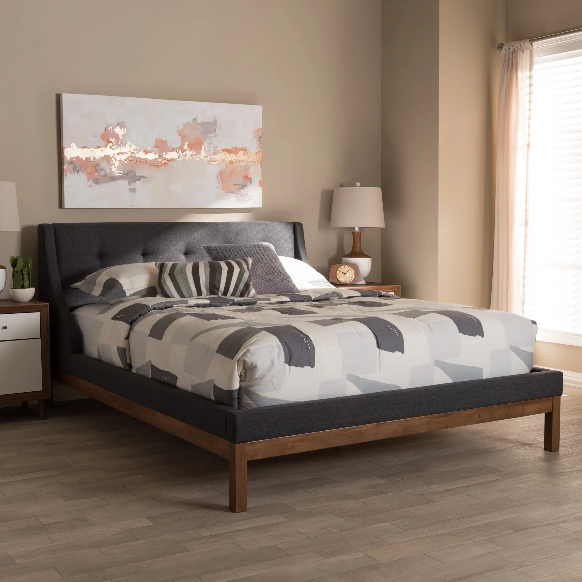 Strick & Bolton  Vija Contemporary Fabric Platform Bed Beige Queen