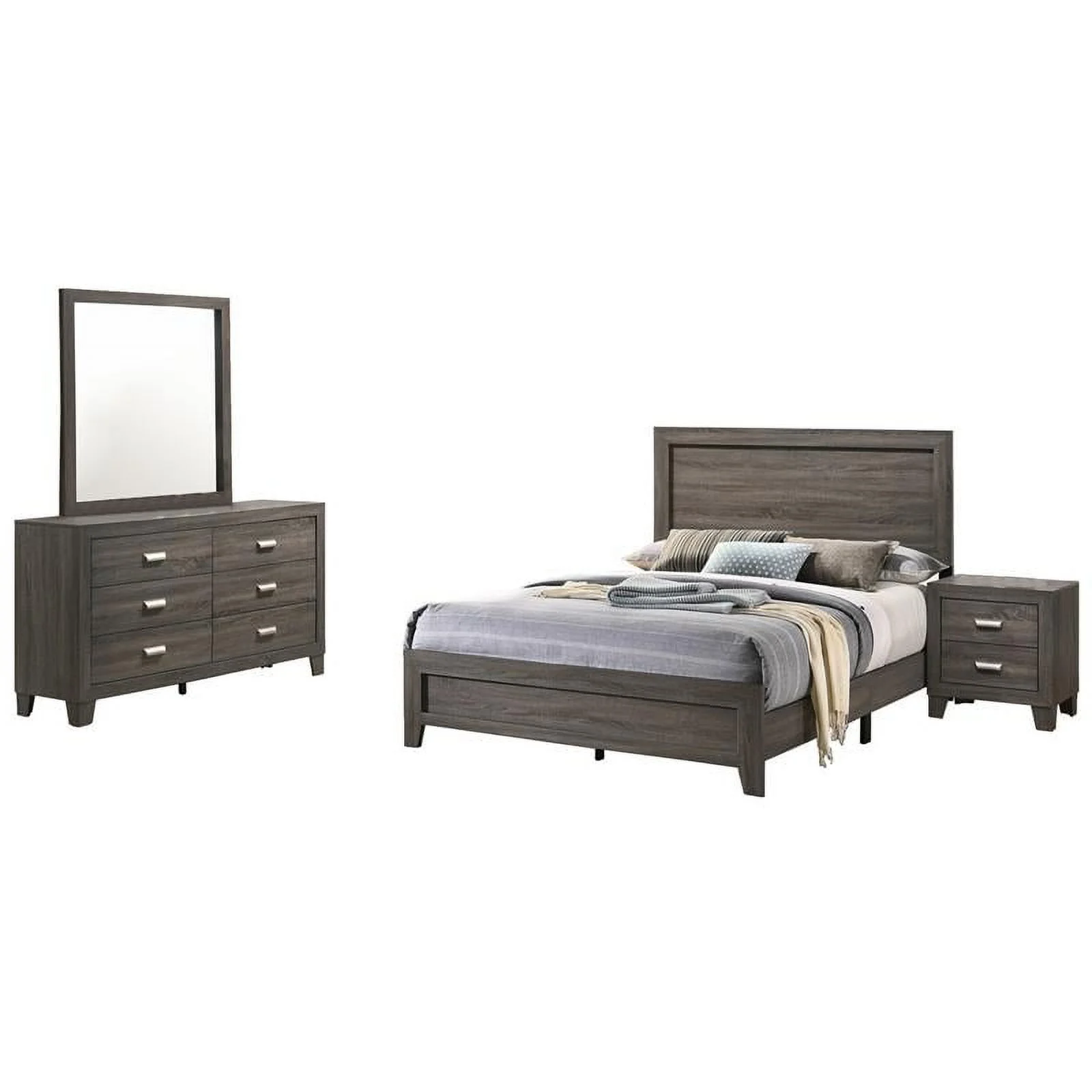 Maklaine Rustic Wood Gray 4pc Bedroom Set in Queen w/ Dresser Mirror & Nightst&