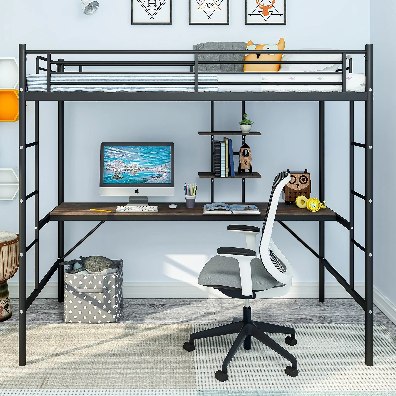 IKIFLY Metal Twin Size Loft Bed Frame with Desk & 2 Storage Shelves, Two Build-in Ladders, Safety Guard Rail, Space-Saving Design - for Kids/Adults/Teens - Black