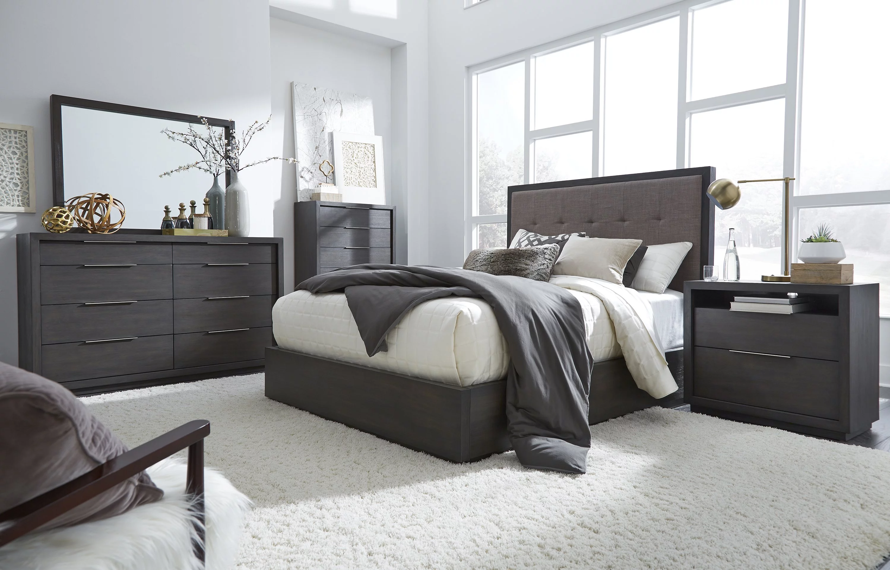 Outbound 5PC Cal King Storage Bed, 2 Nightstand, Dresser & Mirror Set in Weathered Grey