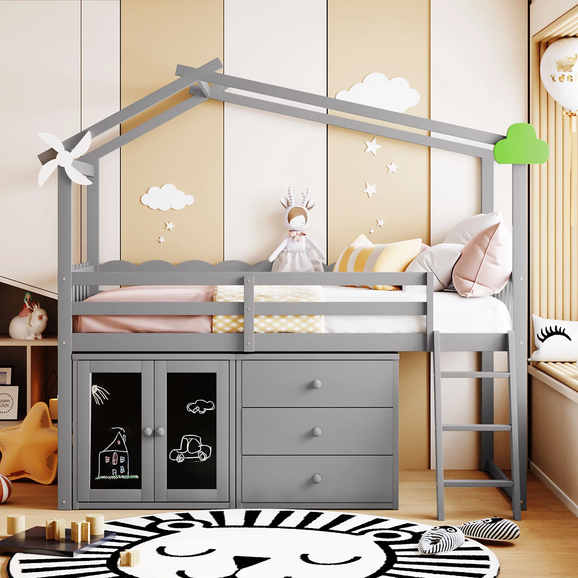Twin Size Versatility Galore Loft Bed with Cabinet and Drawers, Wooden Loft Bed Frame with Ladder and Safety Guardrail for Kids Teens Adults,Bedroom