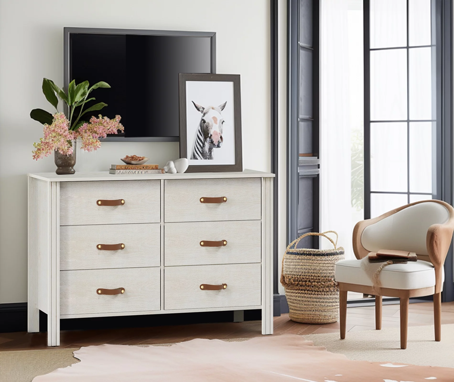 White Dresser for Bedroom, Wooden Dresser with 6 Drawers, Storage Cabinet for Living Room, Hallway