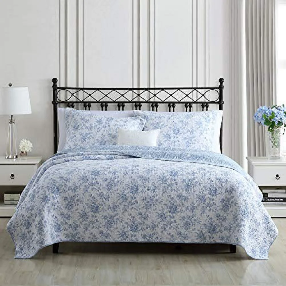 Laura Ashley Home - Walled Garden Collection - Quilt Set - 100% Cotton - Cozy, Soft and Breathable - Reversible & Medium-Weight for All Seasons, King, Blue