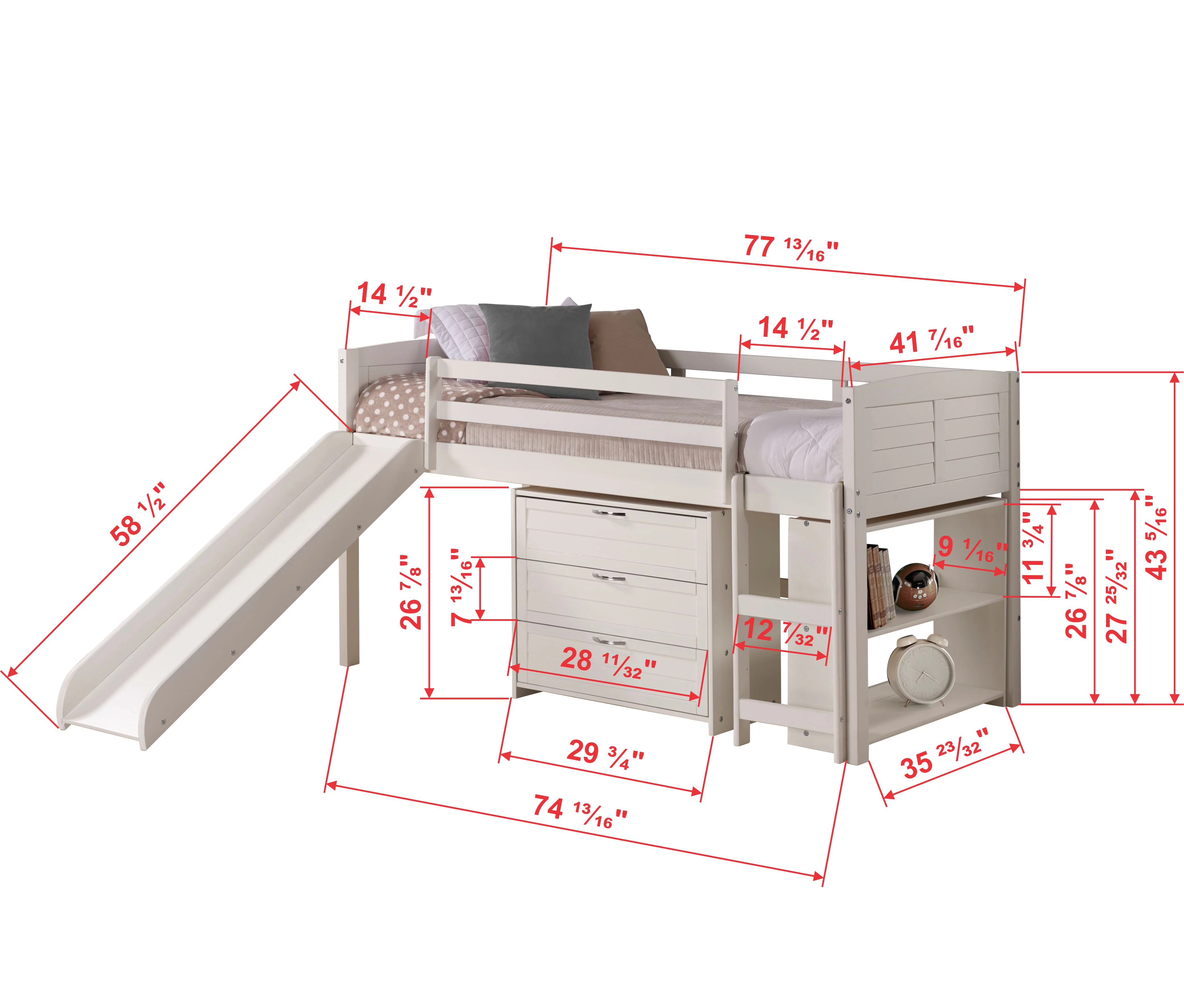 TWIN LOUVER LOW LOFT W/SLIDE IN WHITE FINISH GROUP C
