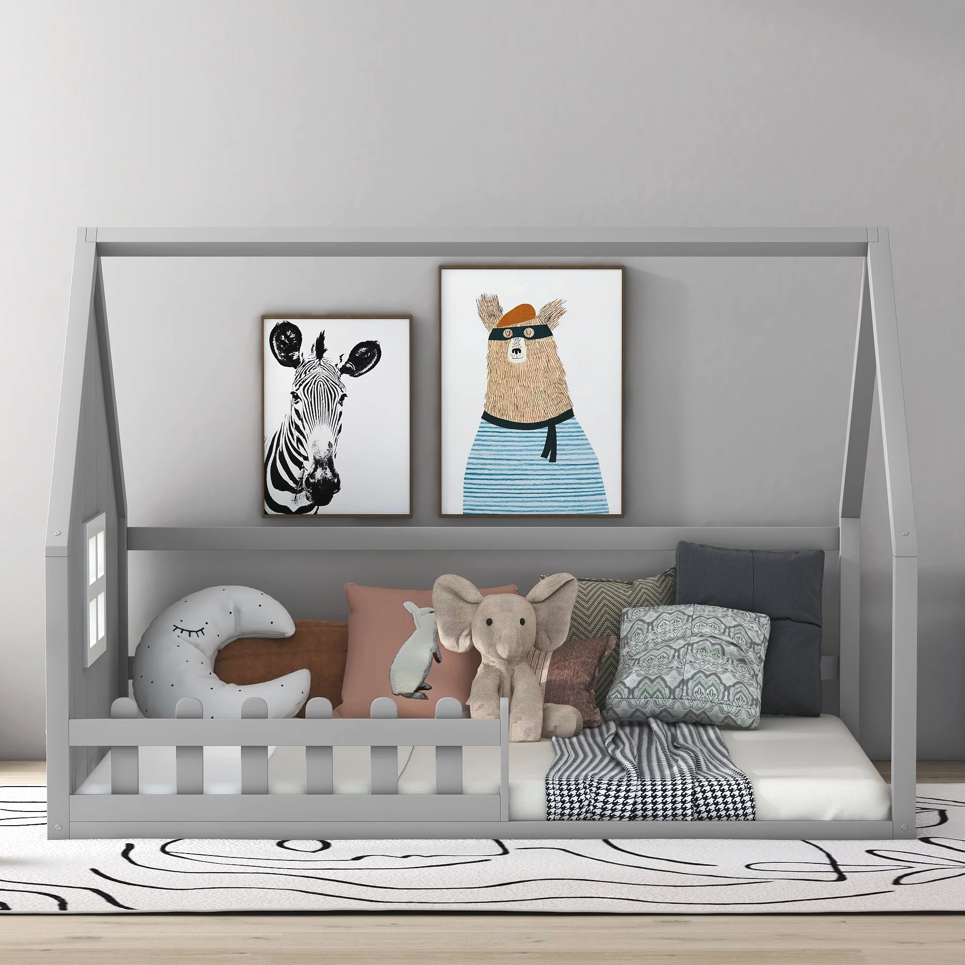 Bellemave Full Size House Bed with Fence, Wooden Montessori Floor Bed with Window for Toddler Kids Boys Girls, No Box Spring Required (Gray)