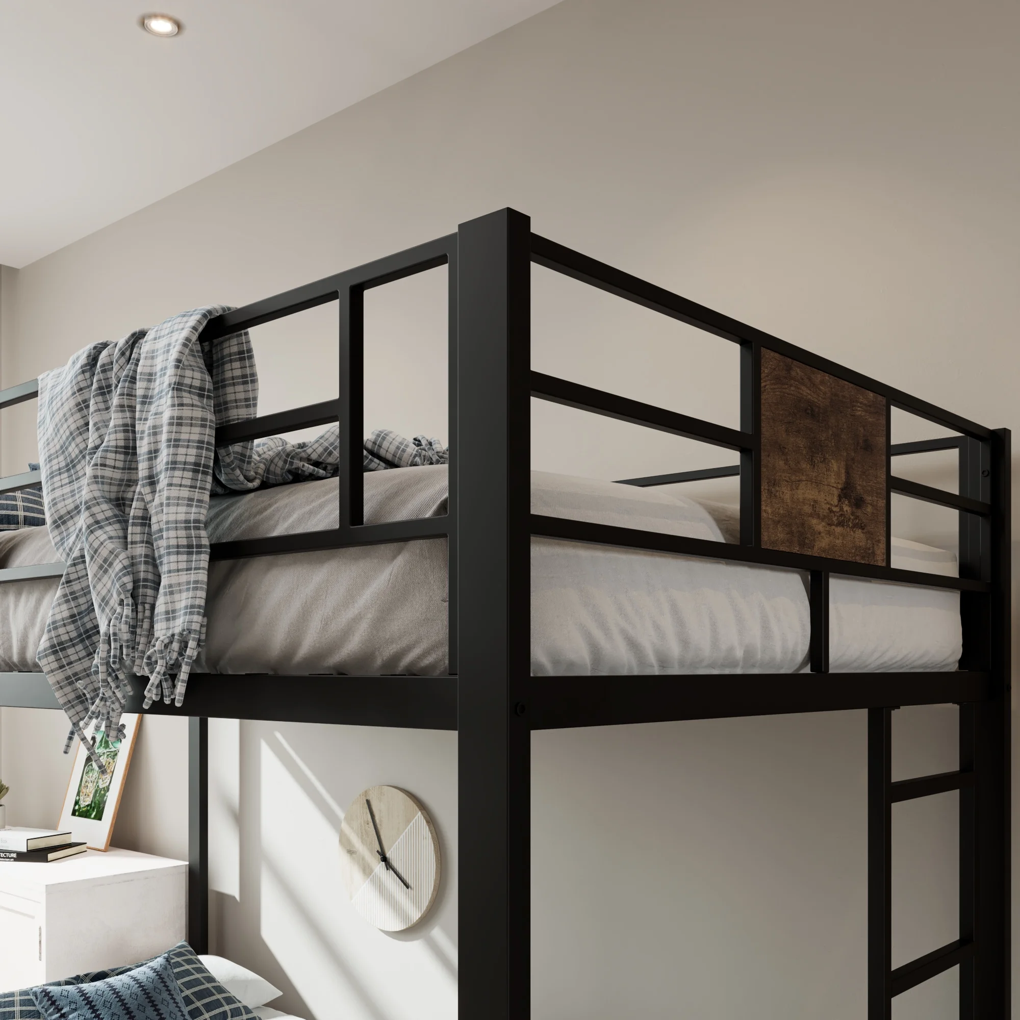 Sha Cerlin Black Metal Bunk Bed Twin over Twin with Stairs & Full-Length Guardrail, Adult & Kid