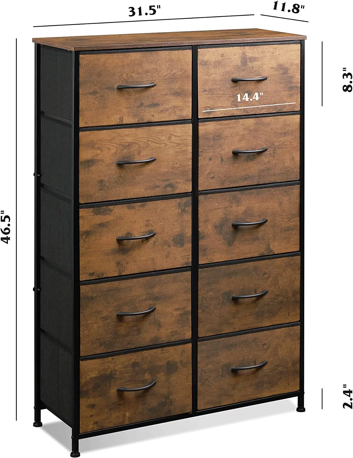 Lykos Tall Dresser for Bedroom with 10 Drawers, Chest of Drawers, Fabric Dresser for Nursery, Closets, Storage Organizer Unit with Fabric Bins, Steel Frame, Wood Top, Rustic Brown Wood Grain Print