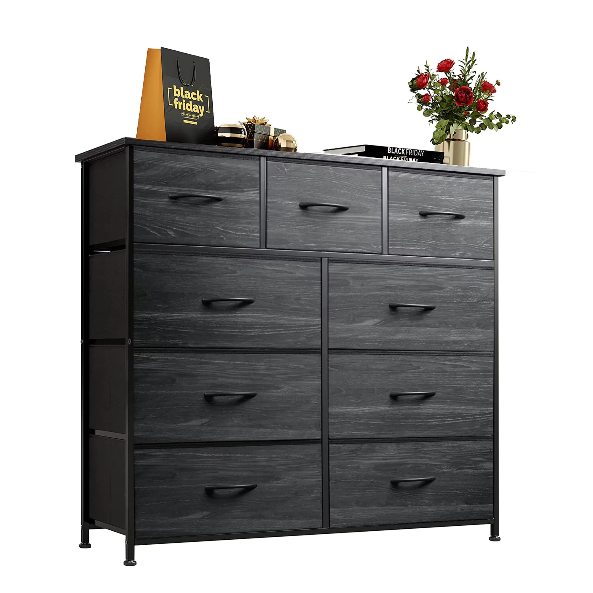 Dresser Storage Bin for Bedroom with 9 Drawers, Wood Grain Organizer Drawer Unit, Long Wide Chest for Living Room, Closet, Hallway, Nursery