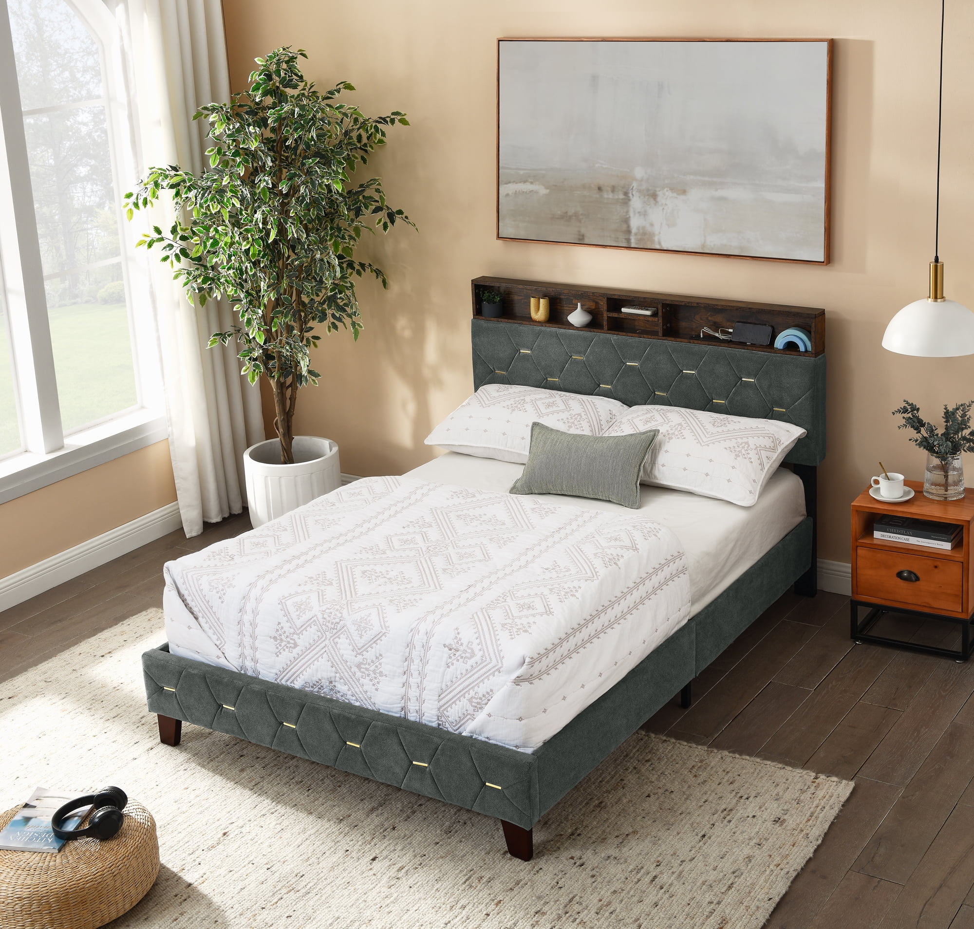 Upholstered Bed 140 x 200 cm with USB and Storage Headboard, Double Bed with Slatted Frame and Bed Box, Youth Bed, Family Bed with Linen Upholstery