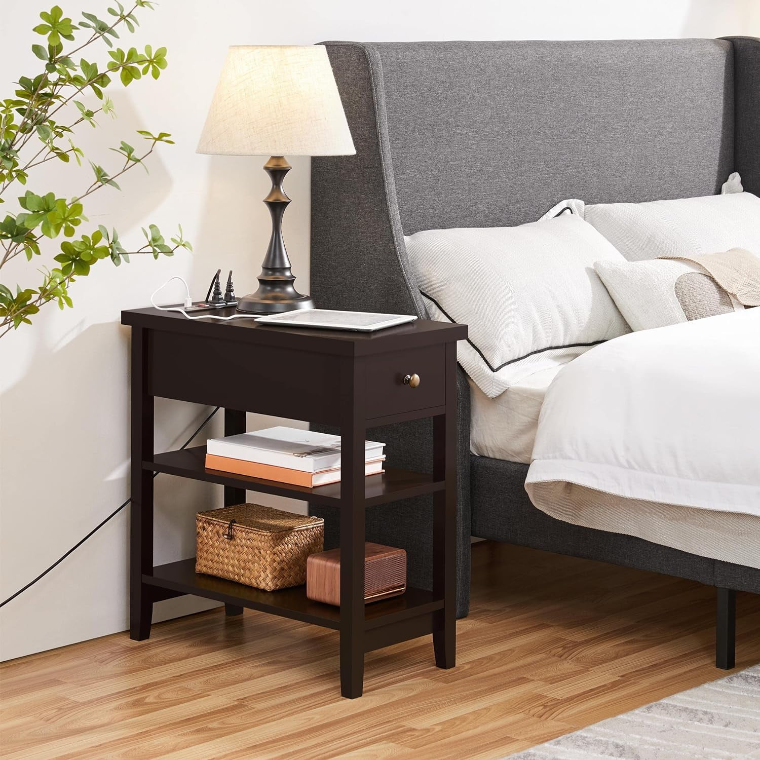 Nightstand with Charging Station Set of 2, Narrow Side Table with Drawer & Shelves, 3 Tier Bedside Table with Power Outlets & USB Ports for Bedroom Small Space, Espresso
