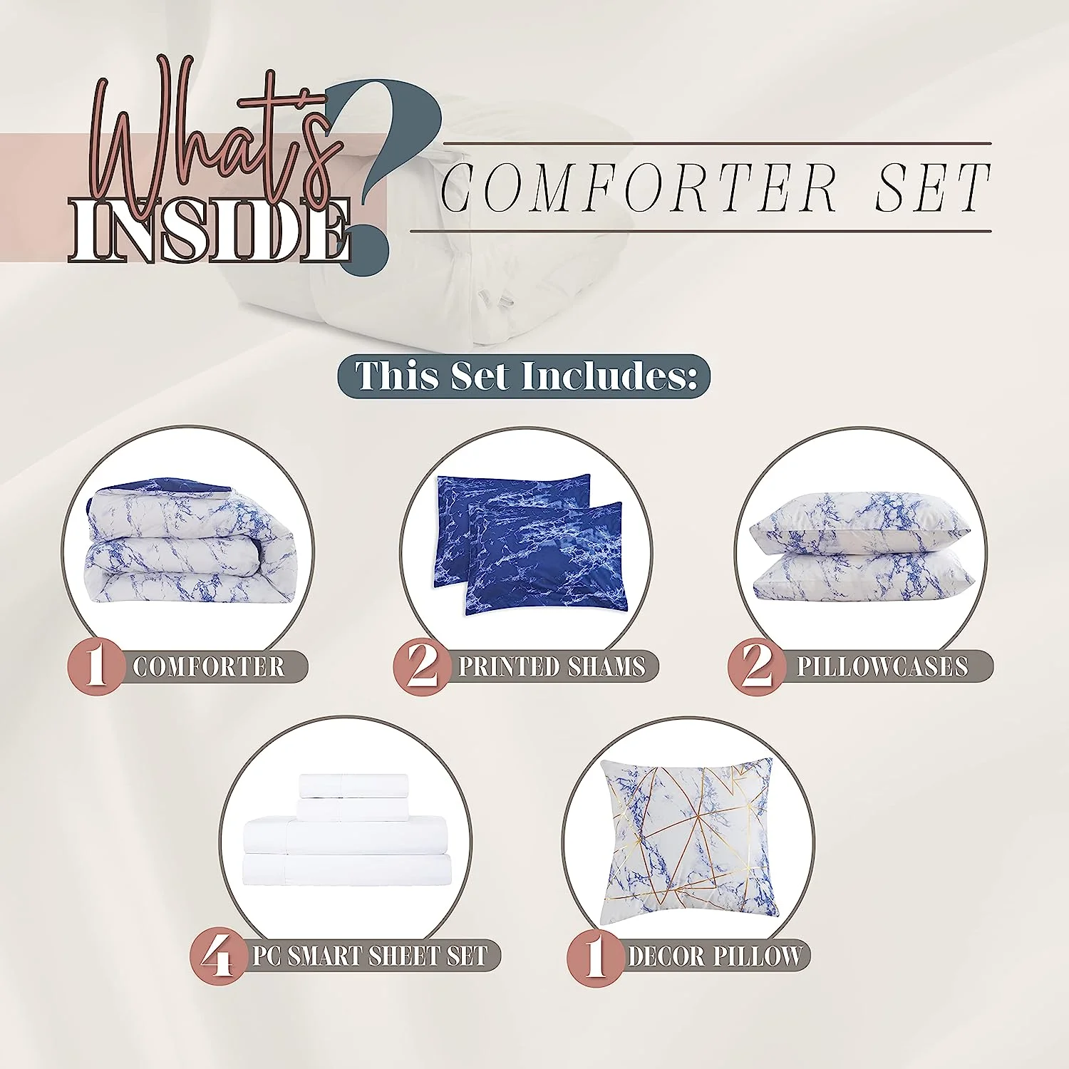10-Piece Marble Collection, Reversible Bed-in-a-Bag with Decorative Pillow and Smart Sheet Set, Two Styles in One, King Size, Navy/White